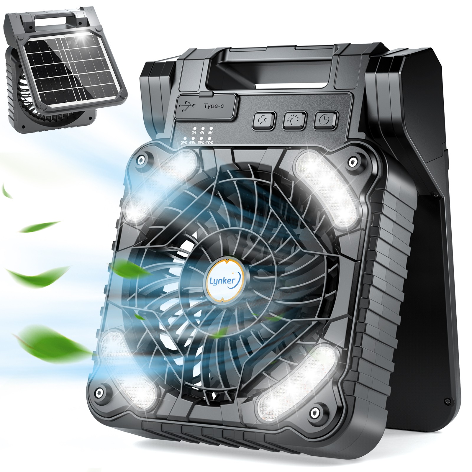 Solar Camping Fan Portable Powerful Quiet 4 Speed Levels with LED Light Timer