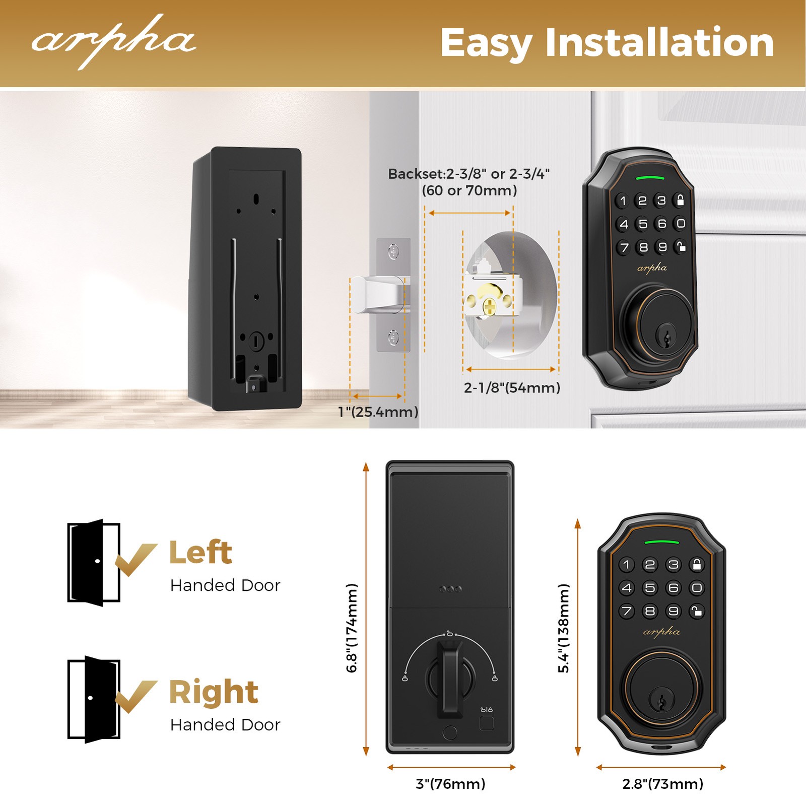 ARPHA Keyless Smart Door Lock Entry Keypad Deadbolt Anti-Peeping Auto Lock D180
