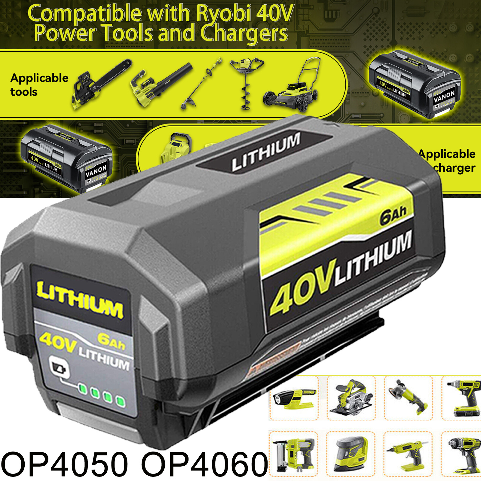 1-2X Battery & Charger For Ryobi 40V With LED Lithium-Ion 40-Volt OP406V OP40602