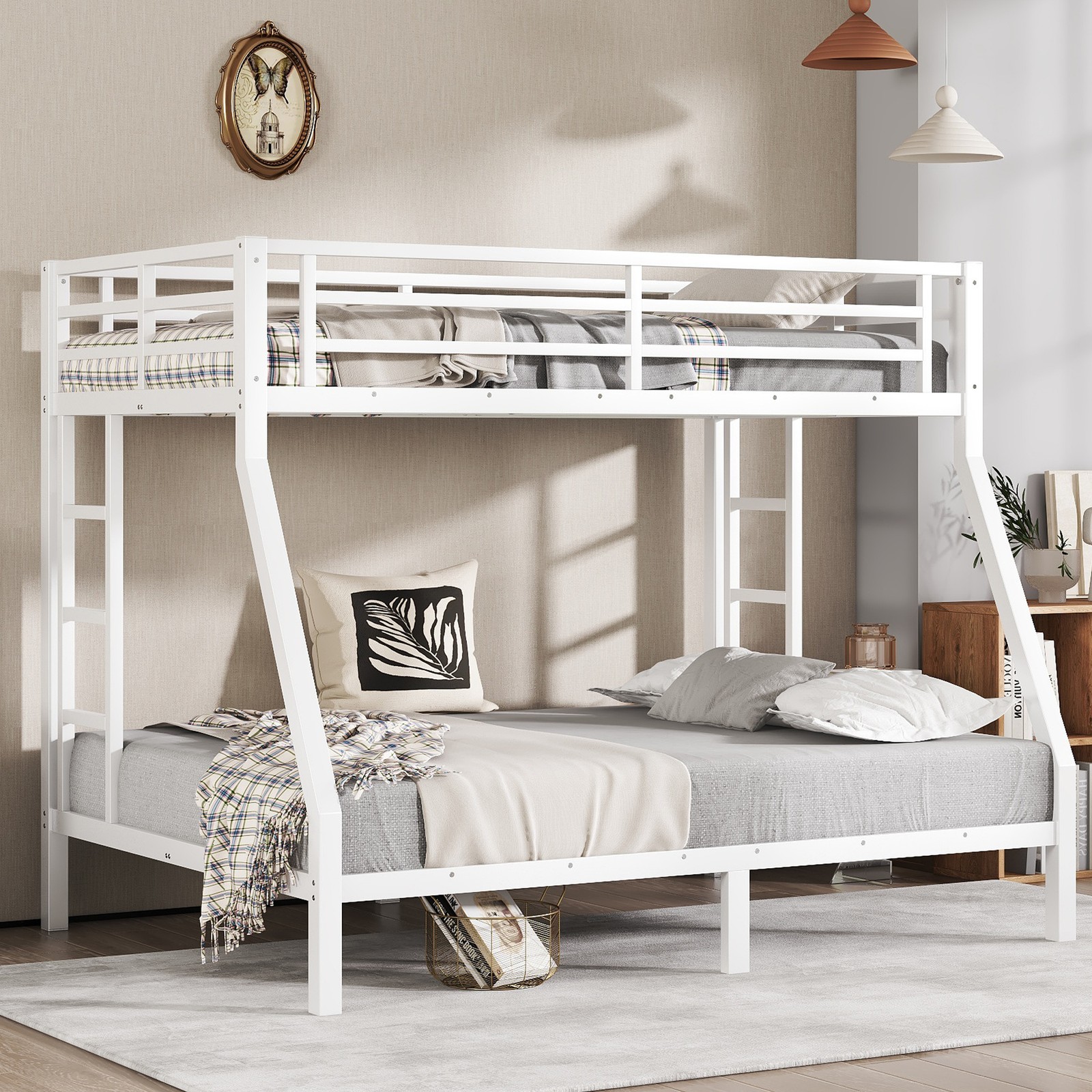 Metal Twin over Full Bunk Bed White Bed Frame for Teens and Adults Bedroom