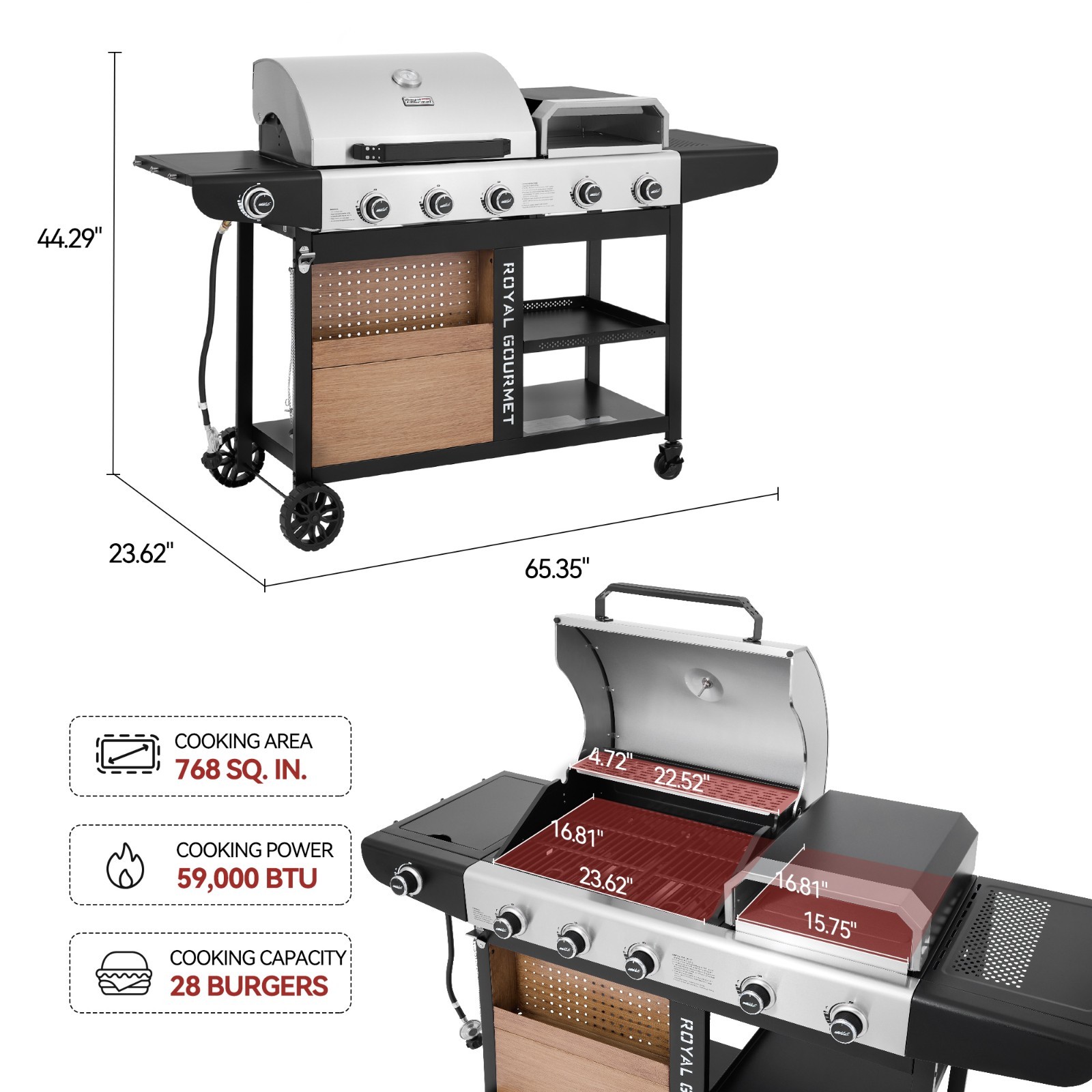 Royal Gourmet Premium Gas Grill and Pizza Oven Combo, with Side Burner