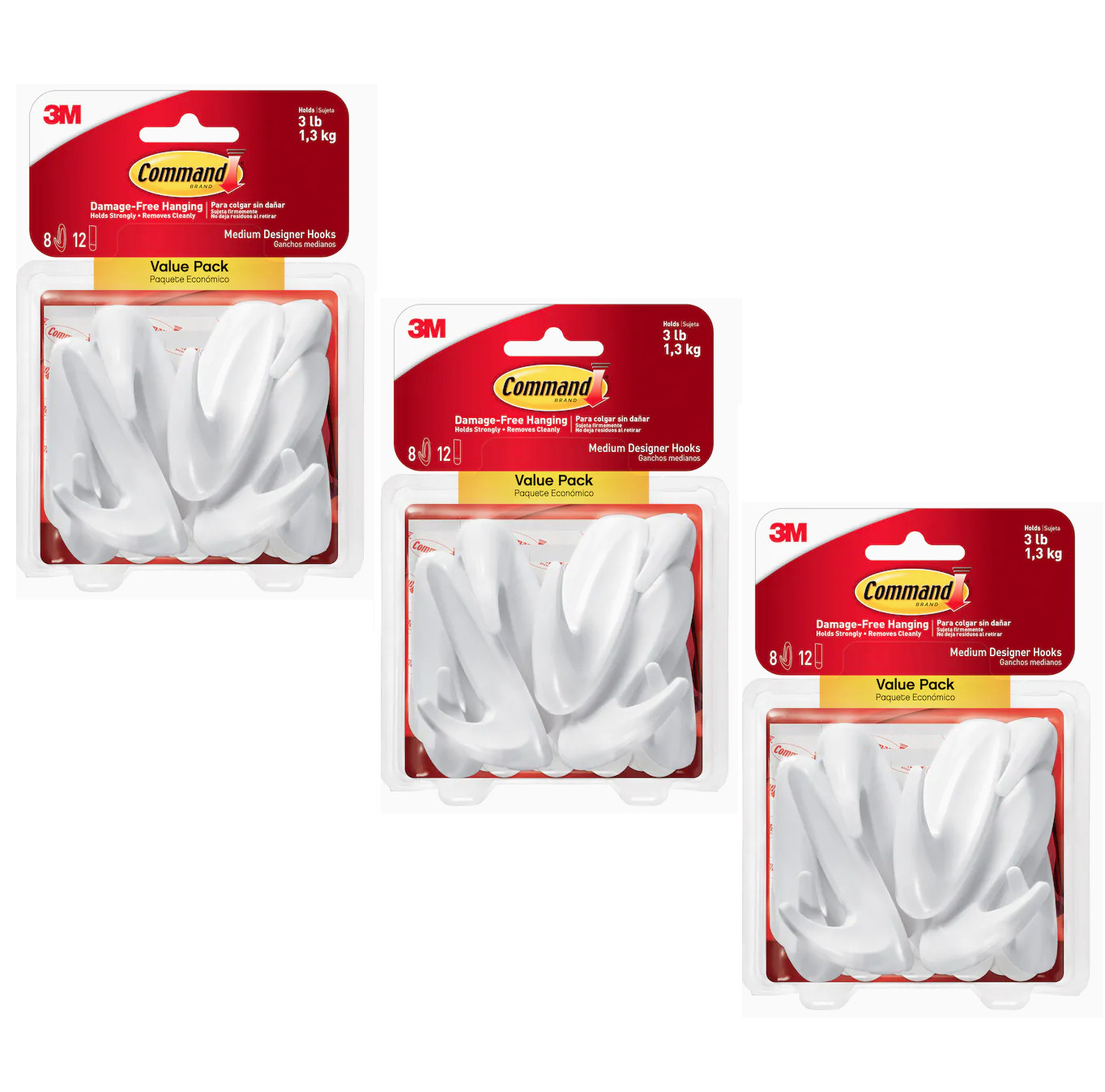 3 Pks 3M Command 8 Medium Designer Hooks & 12 Adhesive Strips Per Pack Max 3 lb