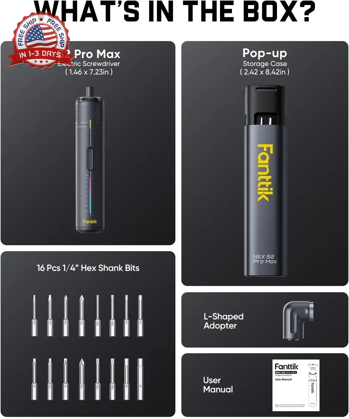 Fanttik S2 Pro Max Electric Screwdriver, Cordless Screwdriver Set, 7 Torque Sett