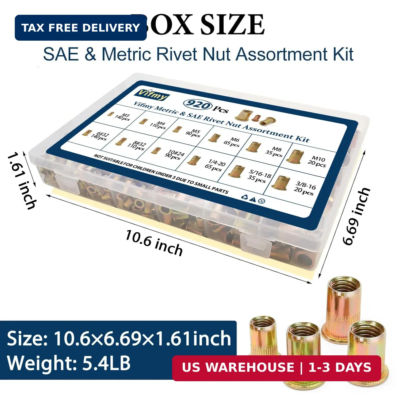 Metric & SAE Rivet Nut Assortment Kit(920 Pcs), M3 M4 M5 M6 M8 M10#6-32#8-32#10-