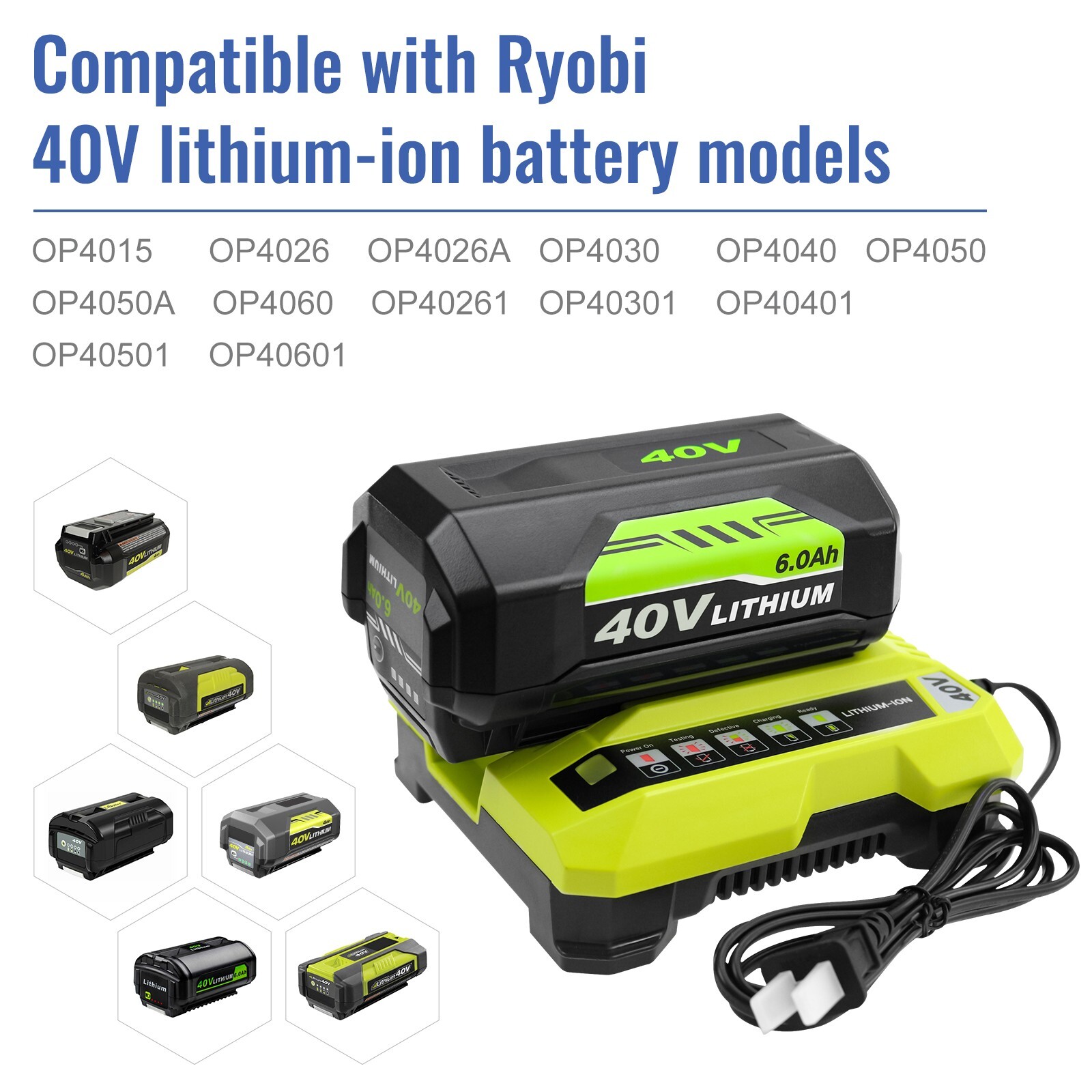 Rapid OP401 Charger For Ryobi 40V 6.0Ah Battery 40 Volt Lithium OP4050 OP40602