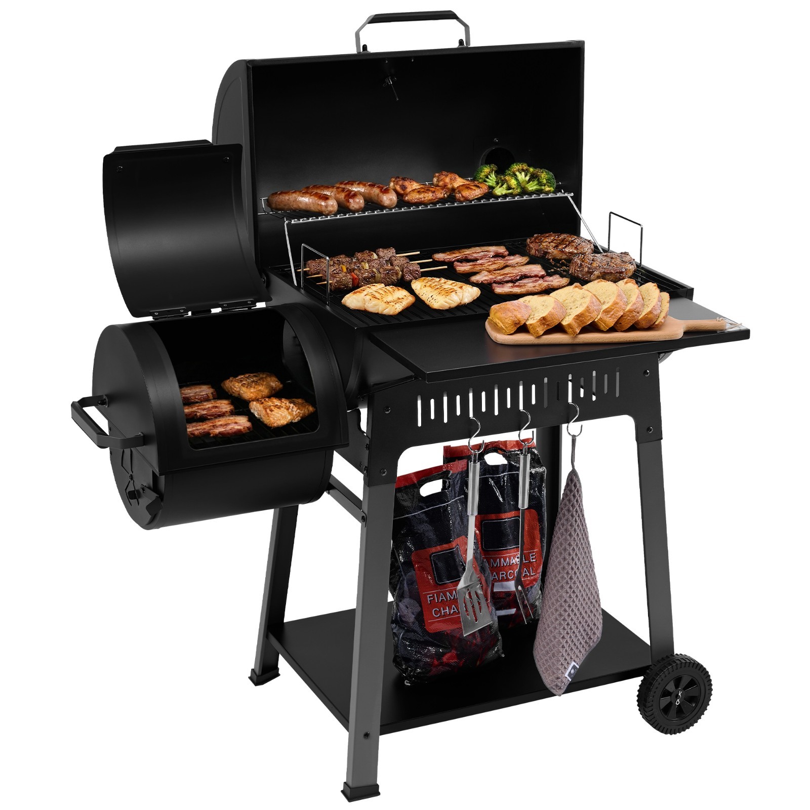 Royal Gourmet Outdoor Barrel Charcoal Grill with Offset Smoker, 824 Sq, Black