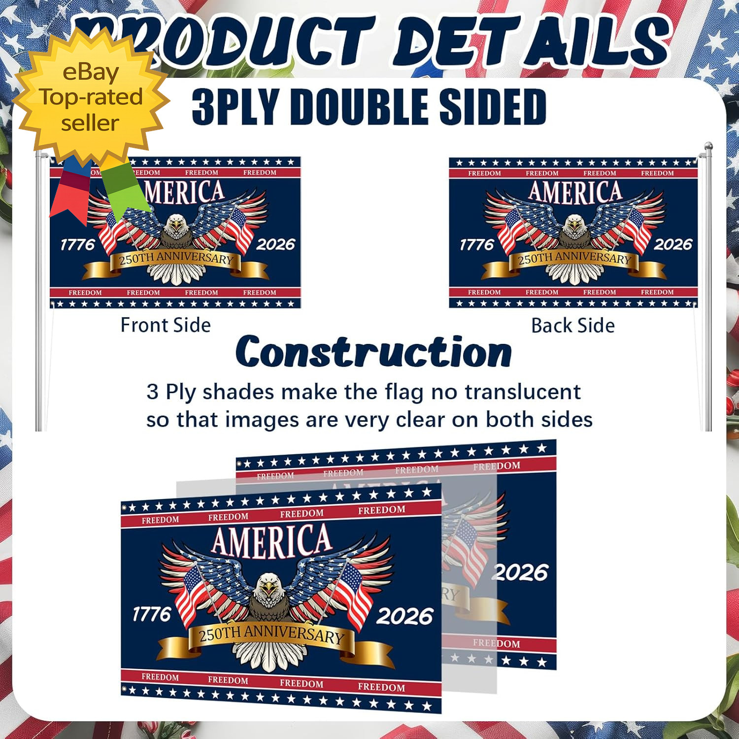 3 Ply 250 Years America Flag Double Sided Patriotic Eagle 3 X 5 Ft Anniversary