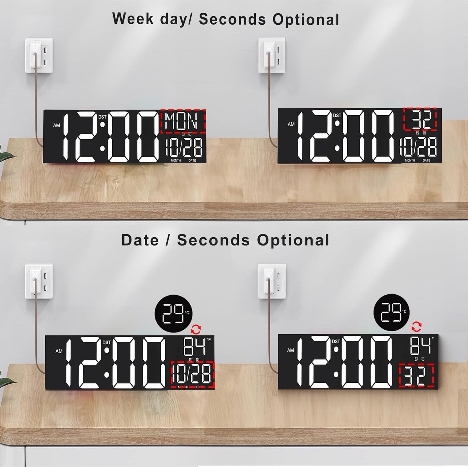 JALL 30″ Large Digital Wall Mount Clock with Remote Control, White