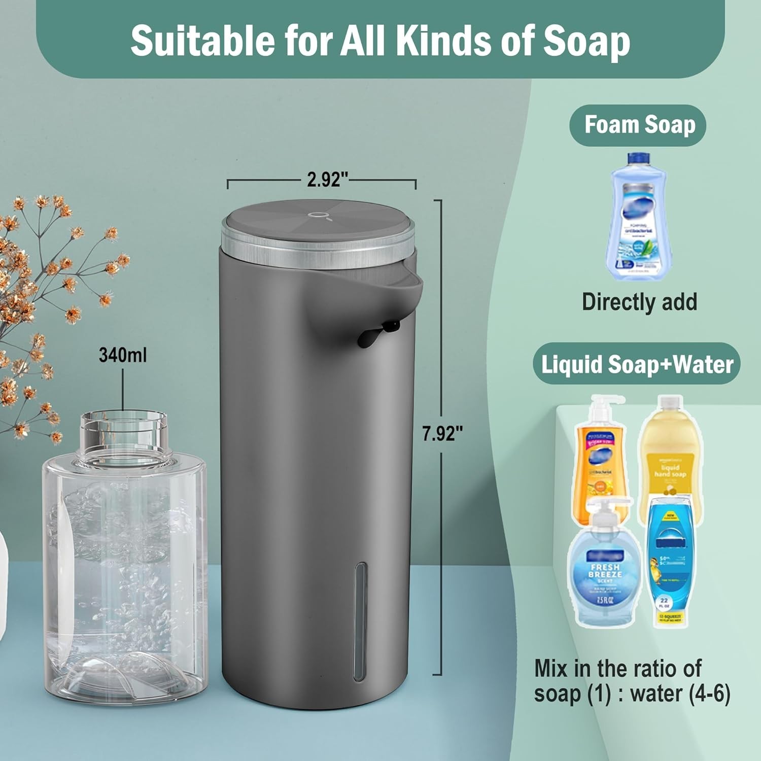 Touchless Foaming Soap Dispenser Gray 1500mAh USB-C Rechargeable IPX5