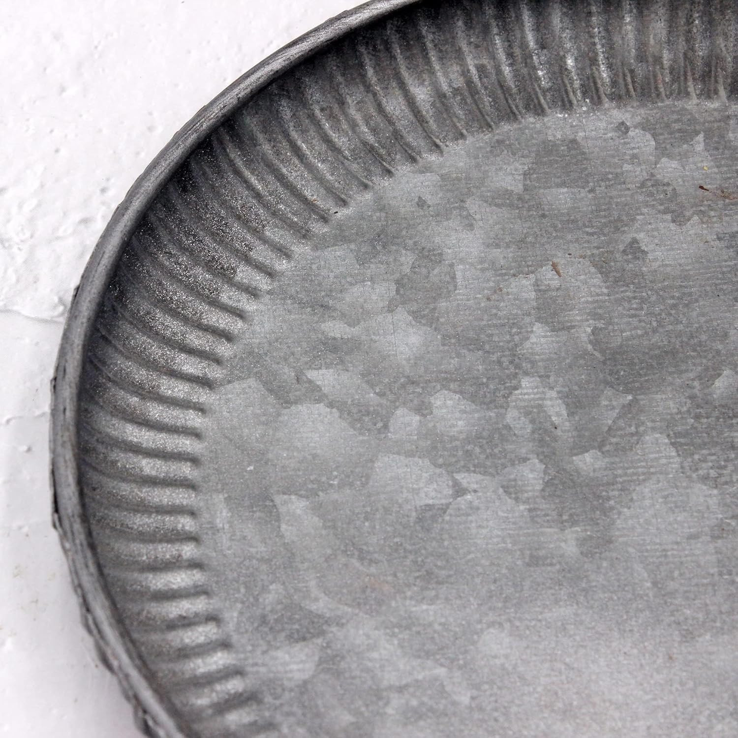 Galvanized Metal Tray Round Decorative Corrugated Edge Small 9.8in Vintage