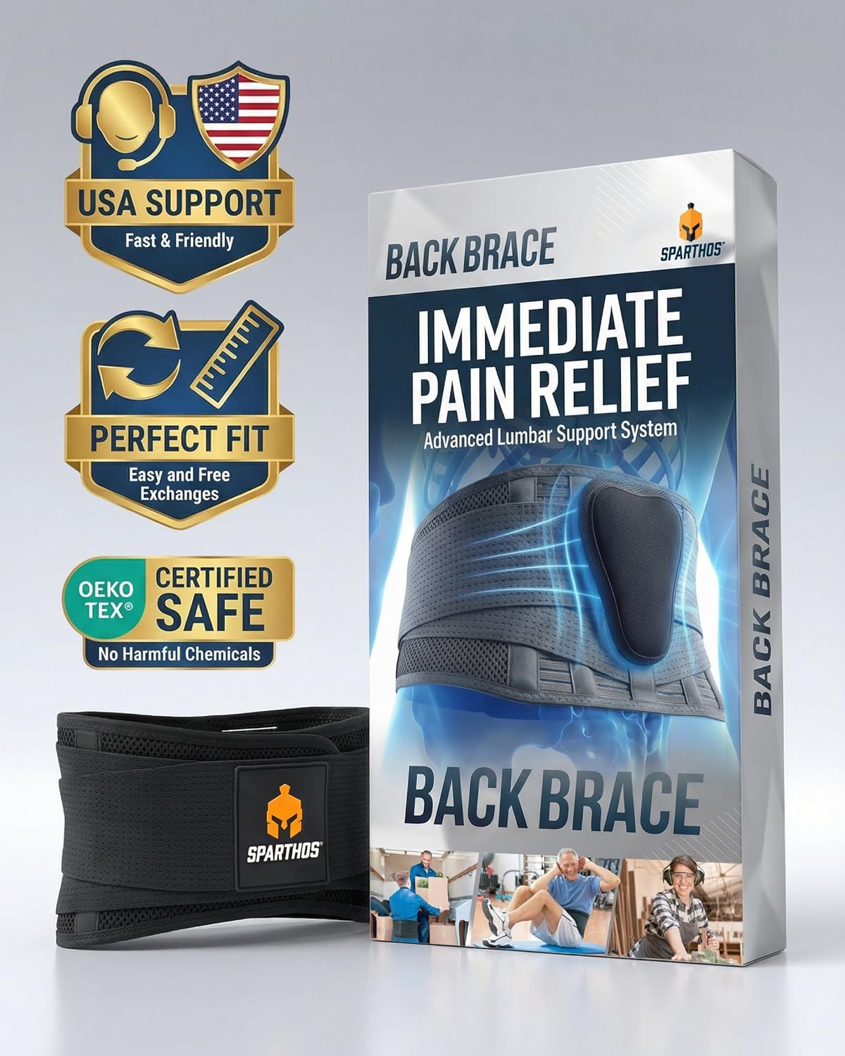 Sparthos Back Brace for Women & Men, Sciatica, Lower Back Pain – Black-S