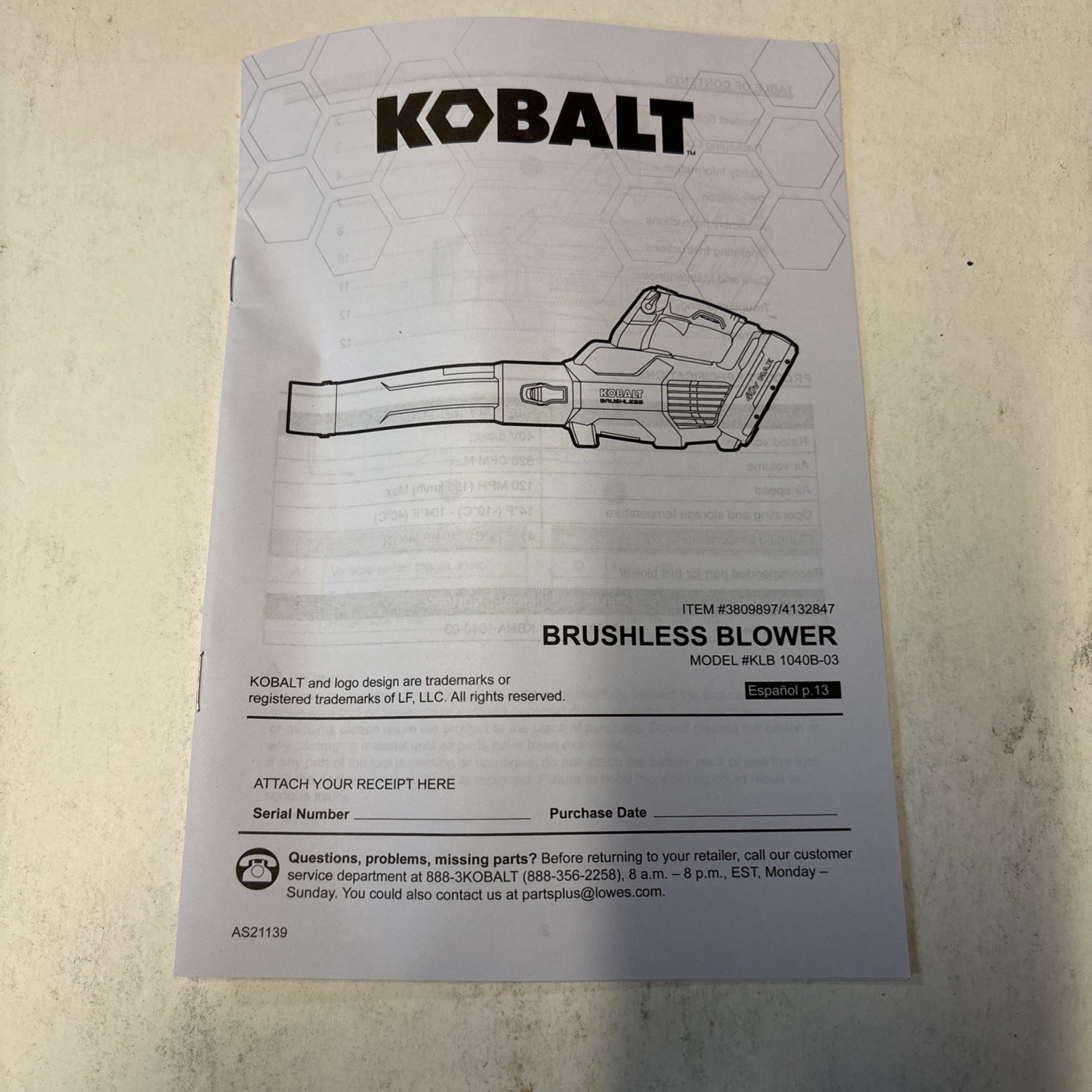 NEW Kobalt 40V Max Brushless Leaf Blower 520CFM KLB 1040B-03.TOOL ONLY. SH 0053