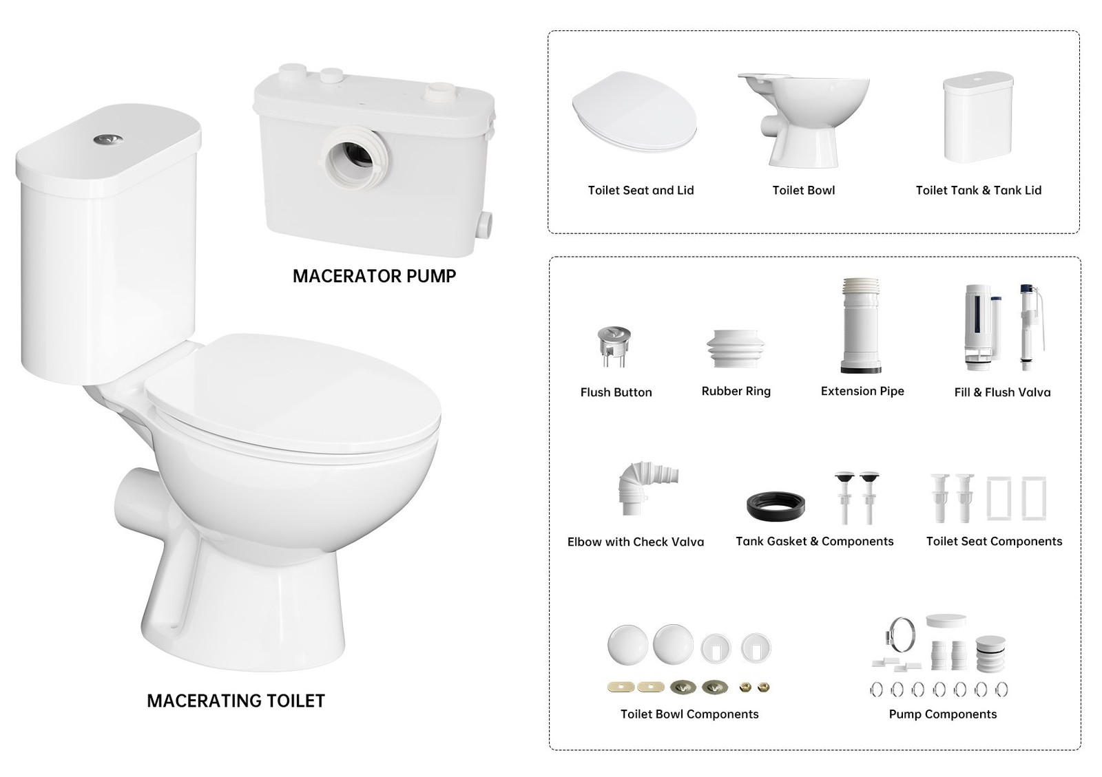500W Upflush Macerating Toilet System with Pump & 4 Inlets for Basement White