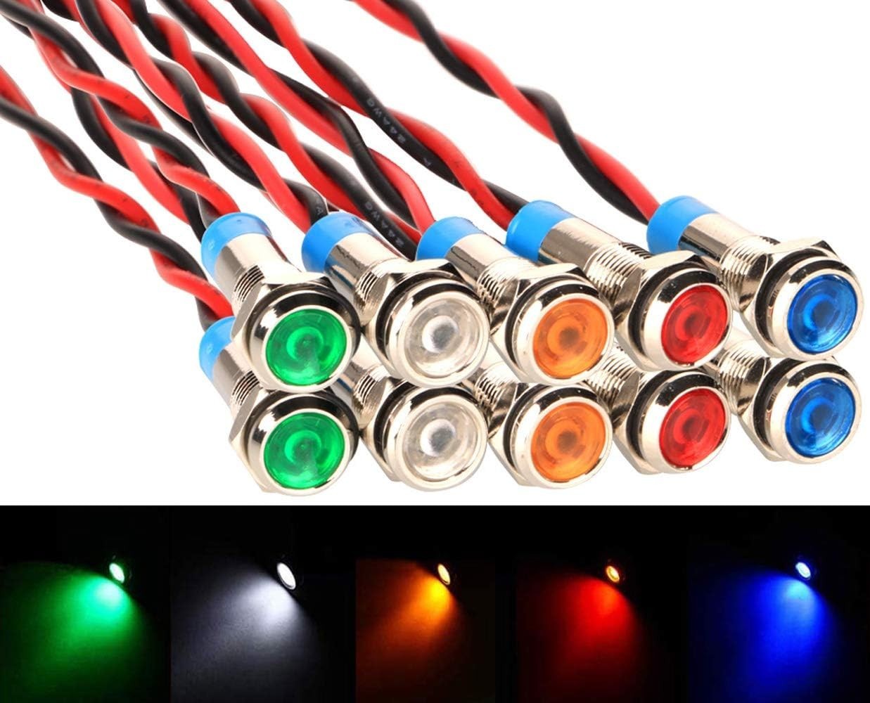 10pcs 6mm 1/4″ AC/DC 12-24V LED Metal Indicator Light Waterproof Signal Lamp Pil