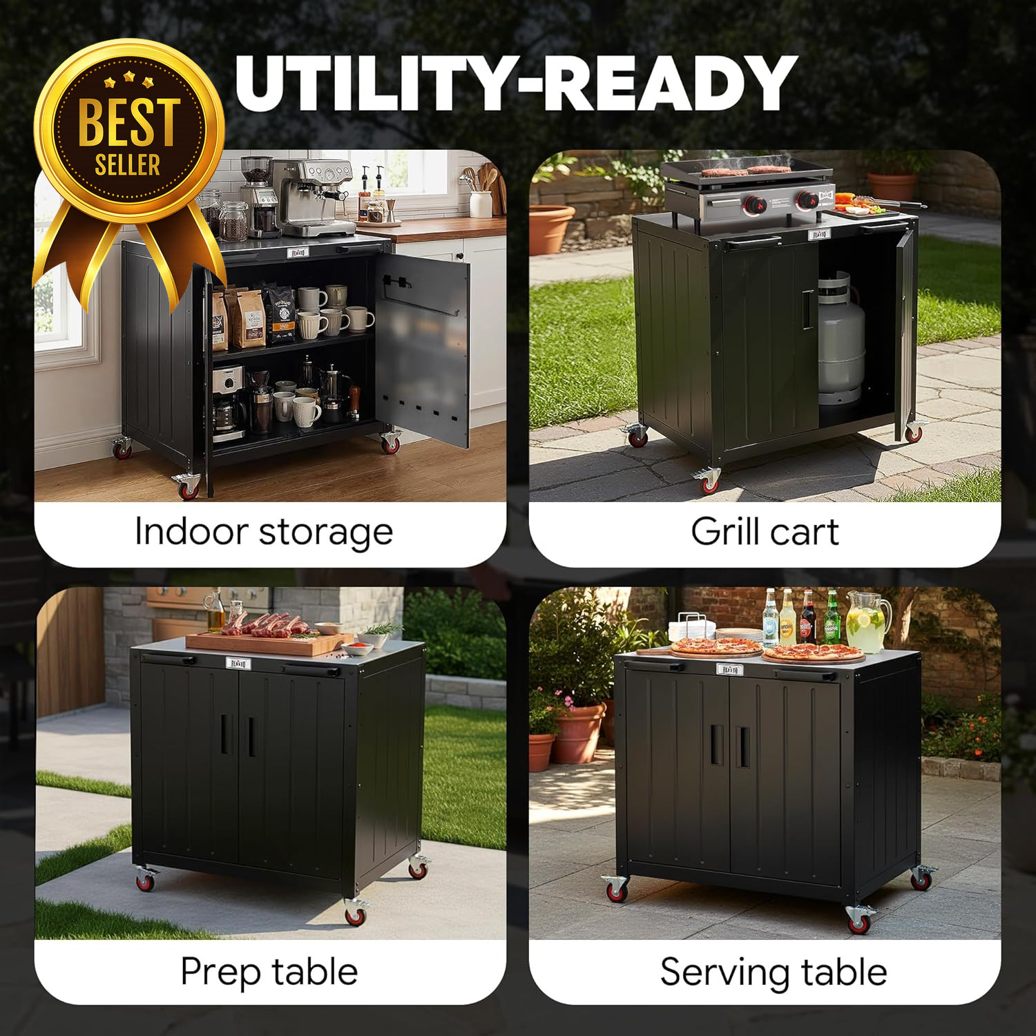 35in Outdoor Grill Cart BBQ Prep Station Stainless Steel Top Storage Cabinet