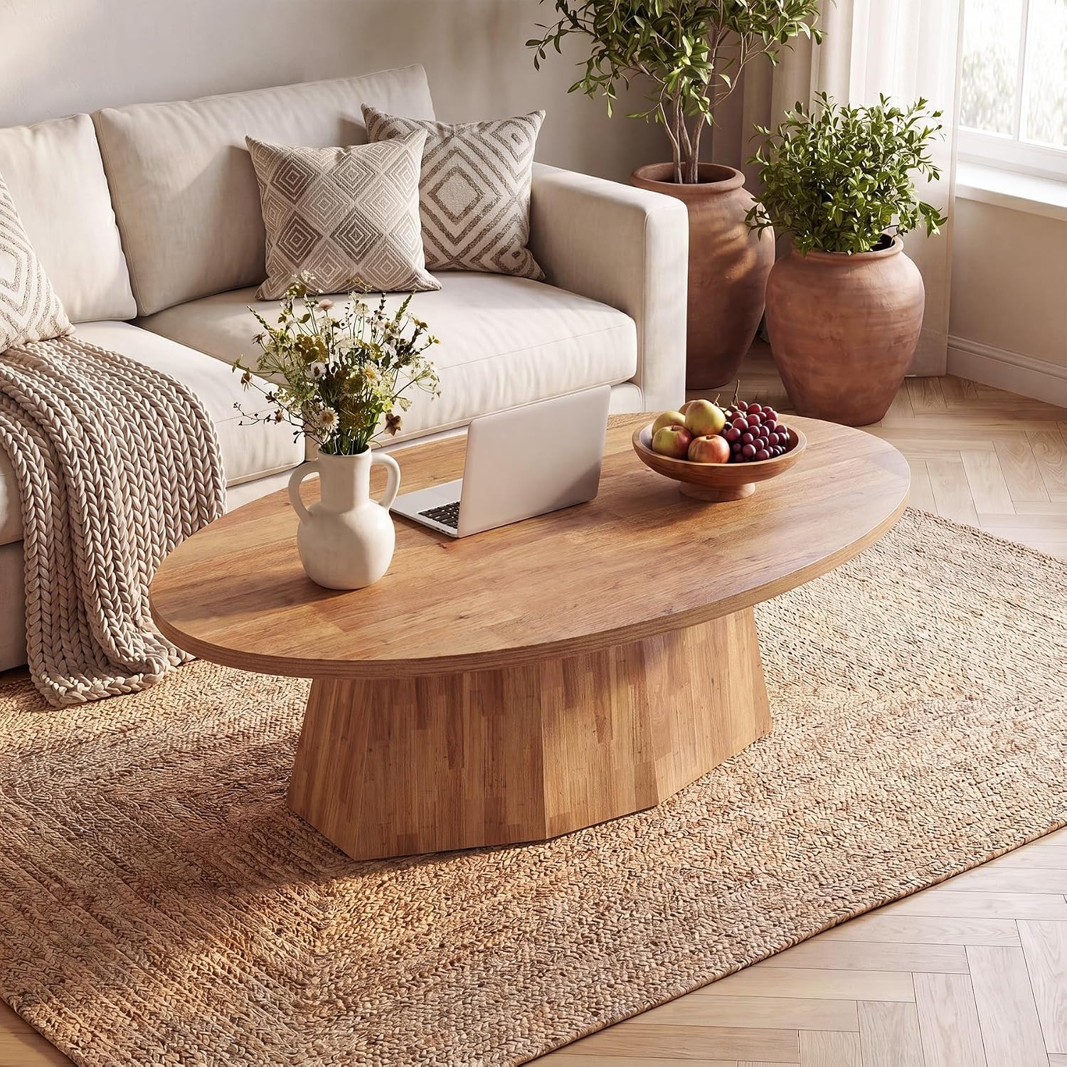 Modern 47-Inch Oval Coffee Table with Polygonal Base, Child-Friendly Design
