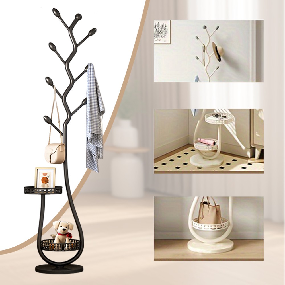 Metal Coat Rack with 8 Hooks – Carbon Steel Coat Tree Stand with Storage Shelf
