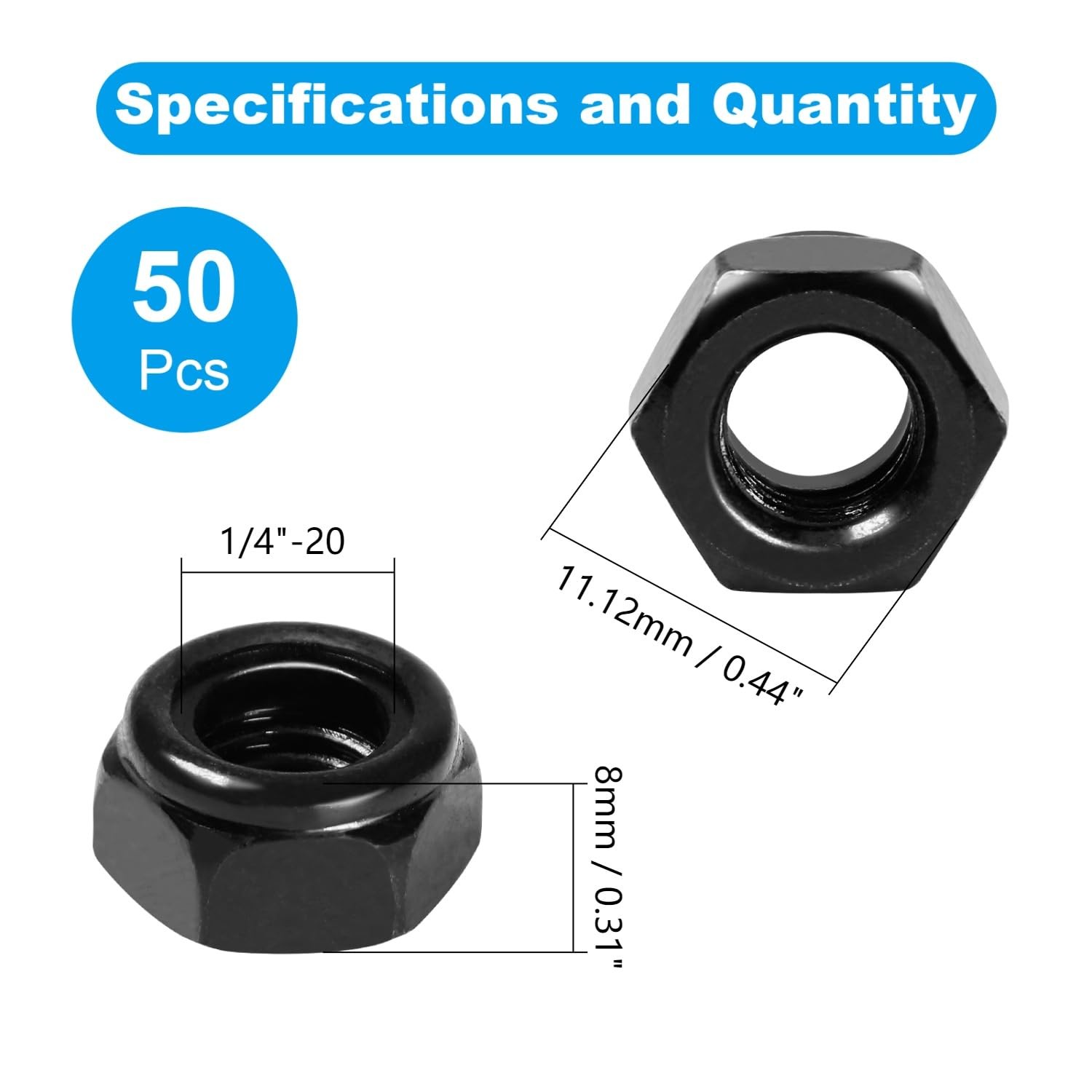 Yinpecly 50Pcs 1/4″-20 Nylon Insert Hex Lock Nuts 304 1/4″-20; 50pcs, Black