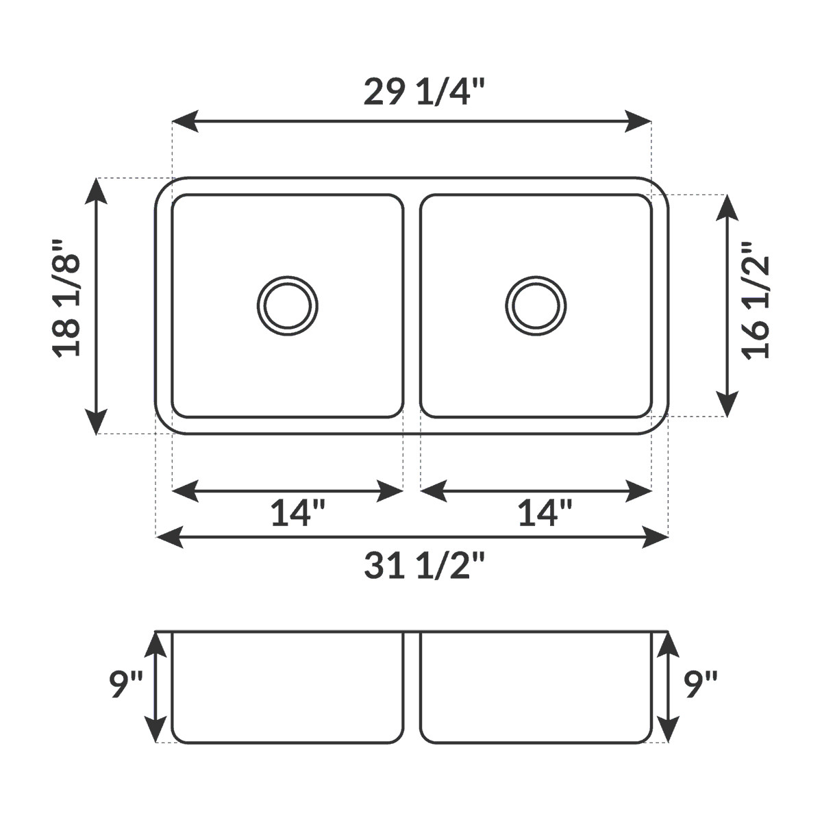 Undermount Stainless Steel Double Basin Kitchen Sink 31 1/2 ” x 18 1/8″ x 9″