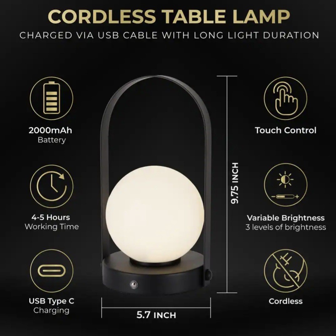 9.8 In. Black Contemporary Rechargeable 3CCT Integrated LED Globe Lamp with Hand
