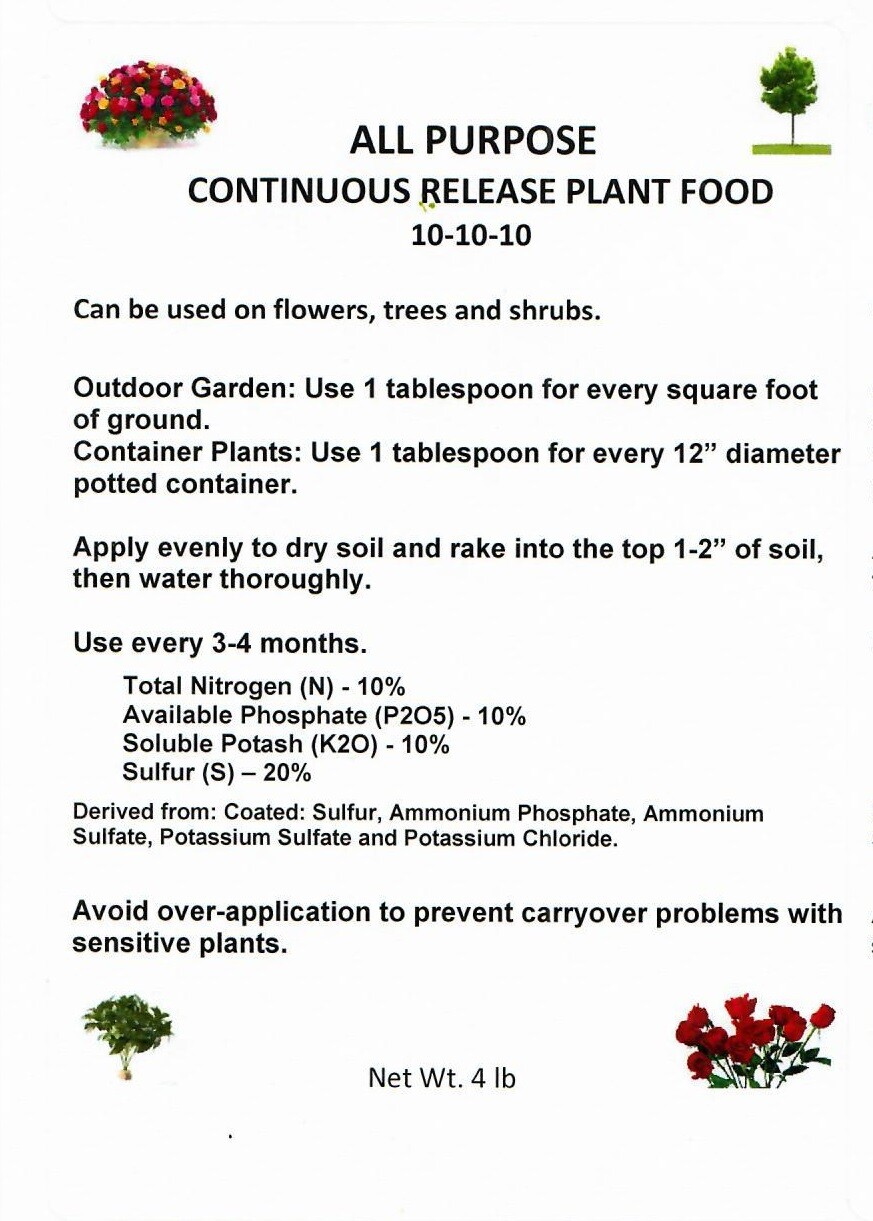 Fertilizer Continuous Release 10-10-10 Plant Food 4 lb btl Flower,Veg,Shrub,Tree