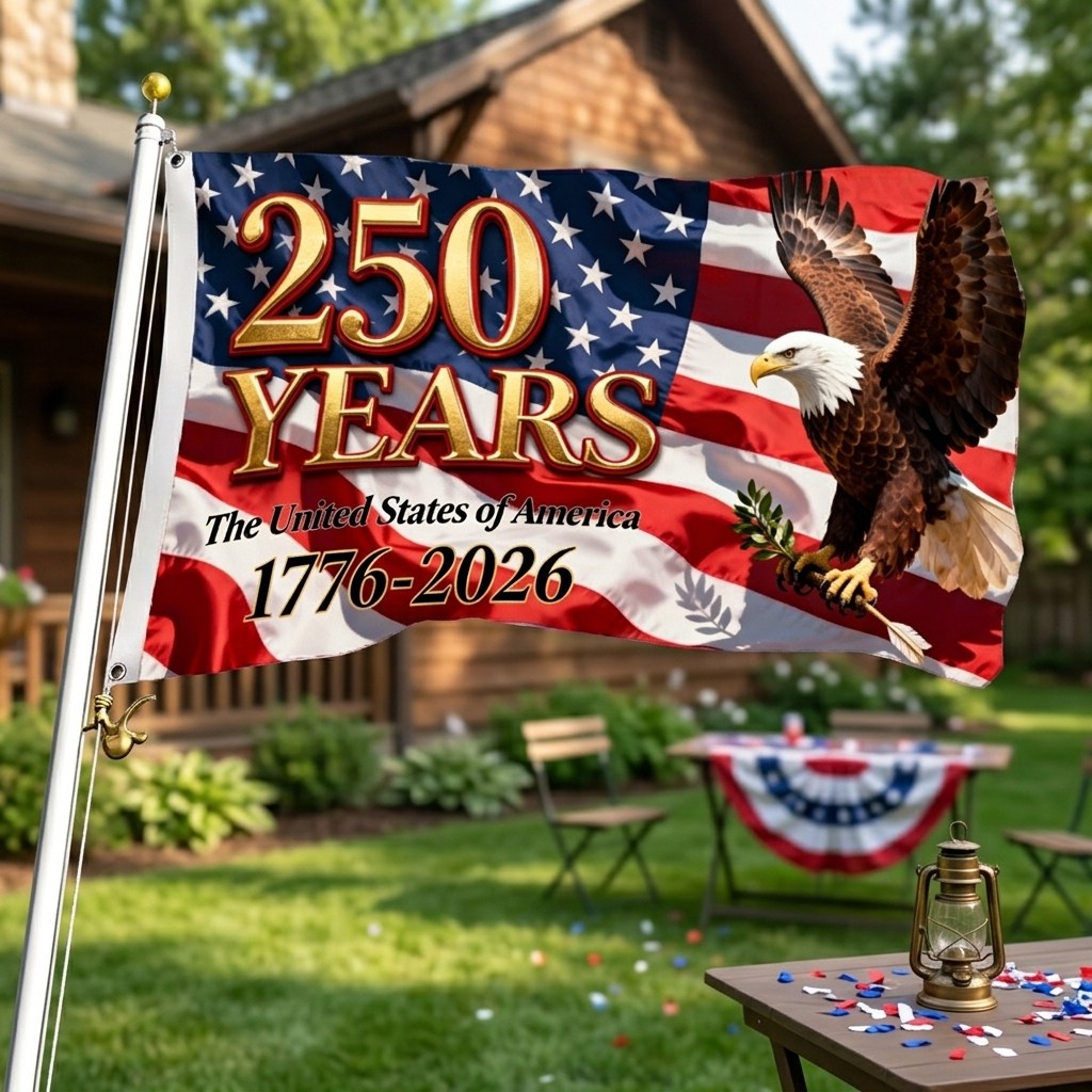 USA 250th Anniversary Flag, 1776-2026 Patriotic Banner with Bald Eagle