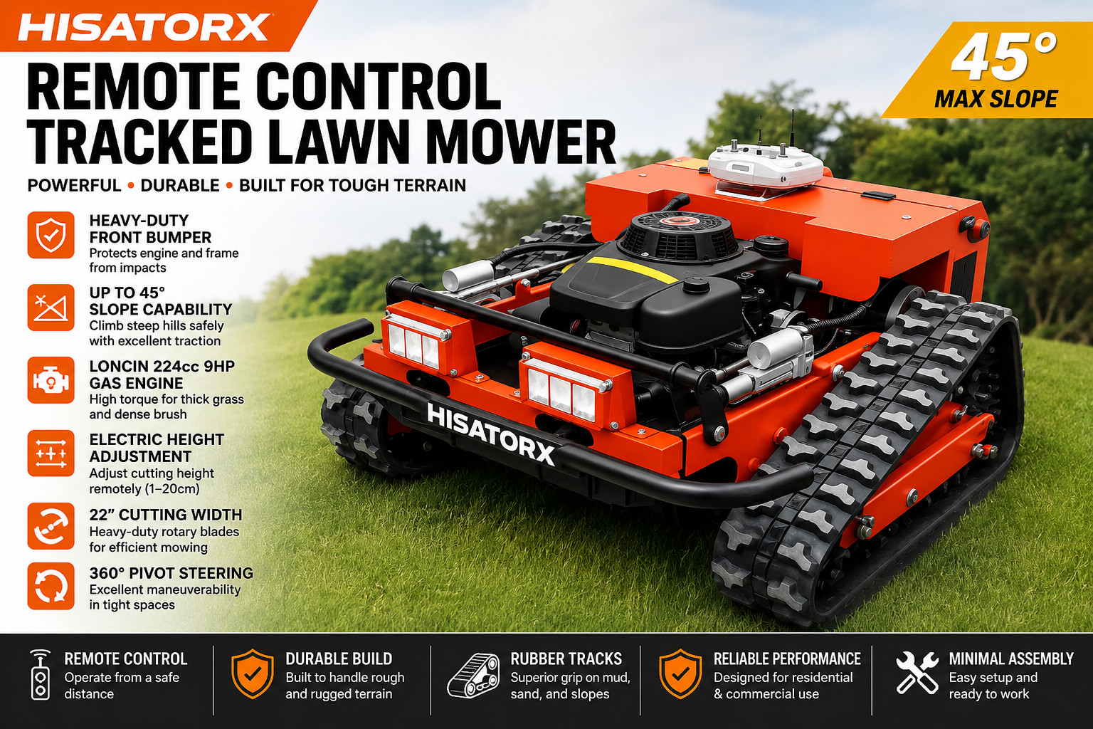 Remote Control Tracked Lawn Mower 22″ 550mm Cut Loncin 224CC 9HP 45° Slope Elect