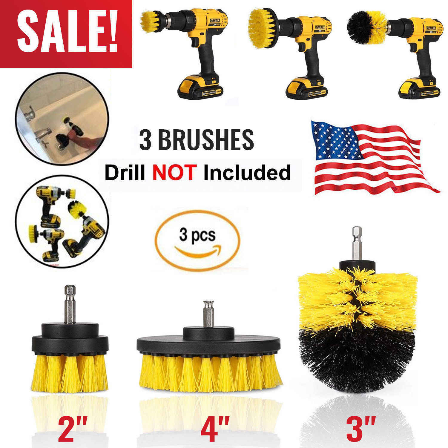 3PCS Drill Brush Power Scrubber Drill Attachments For Carpet Tile Grout Cleaning