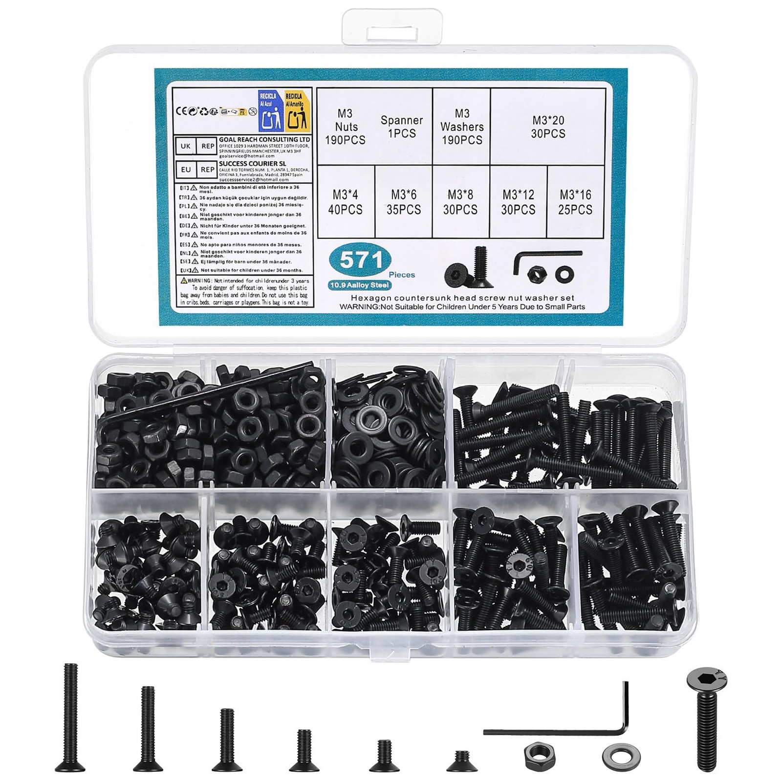 M3M4M5M6M8 Hex Socket Head Countersunk Screws Bolts Nuts Washers Assortment Kit