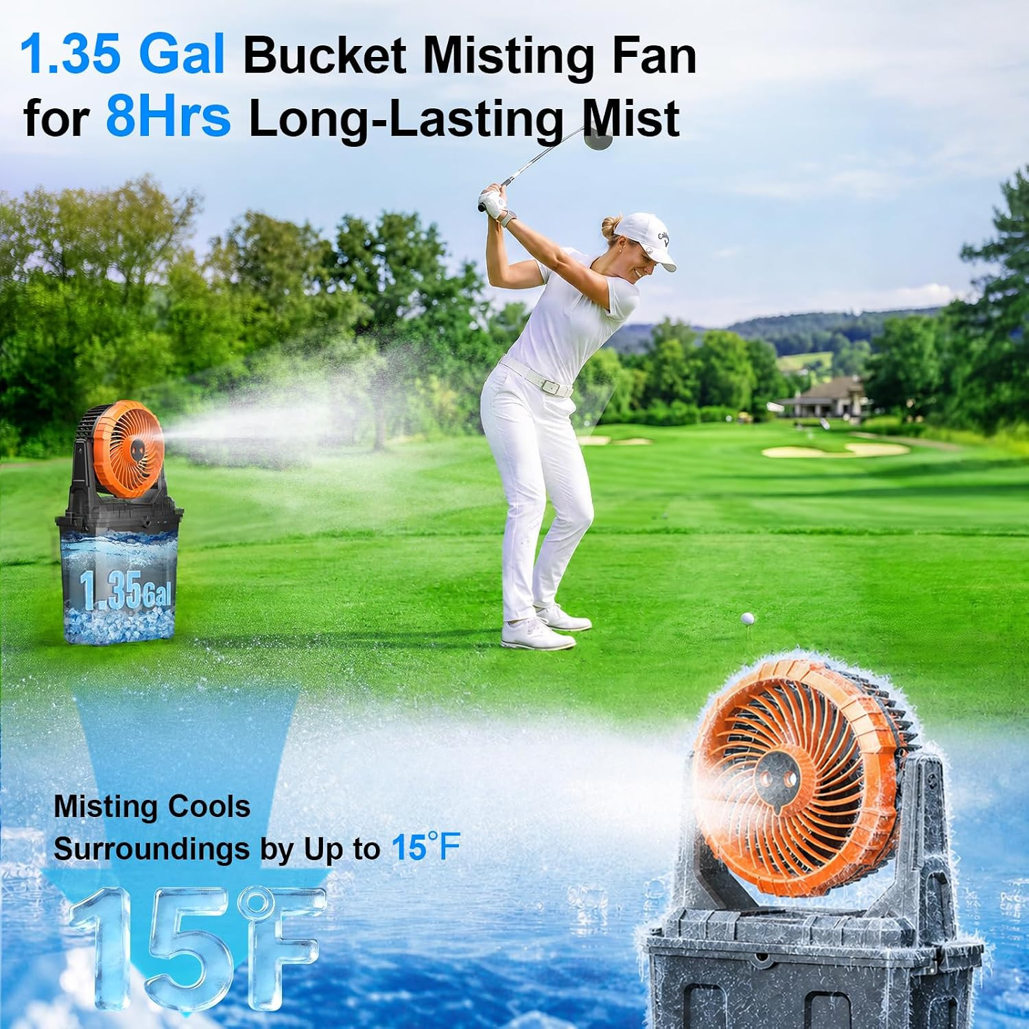 1.35 Gal Portable Misting Fan, Outdoor Fans for Patios, [Max 30H] Rechargeable B