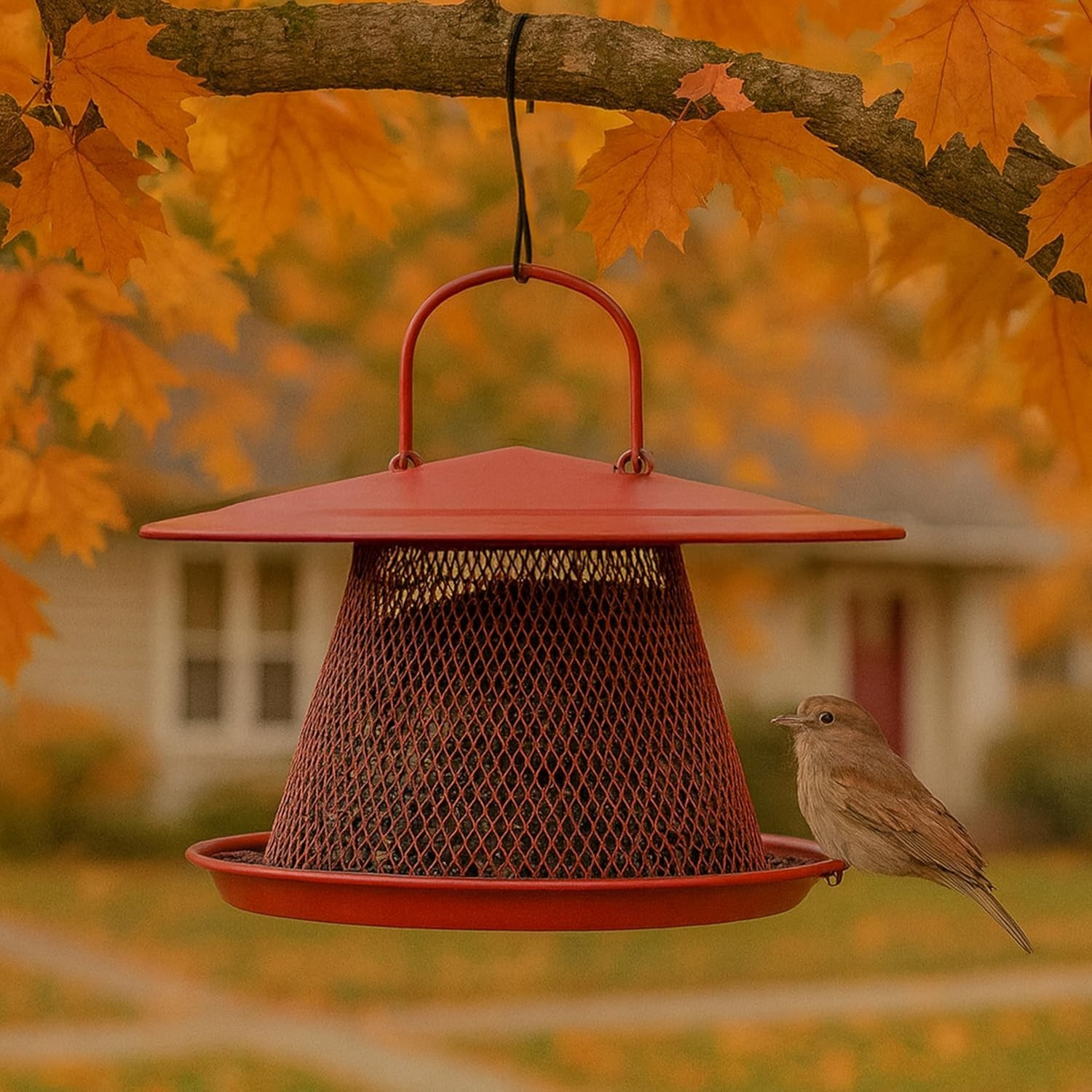 Stylish Red All-Metal Hanging Bird Feeder – 2.5 lb Seed Capacity, Squirrel Proof