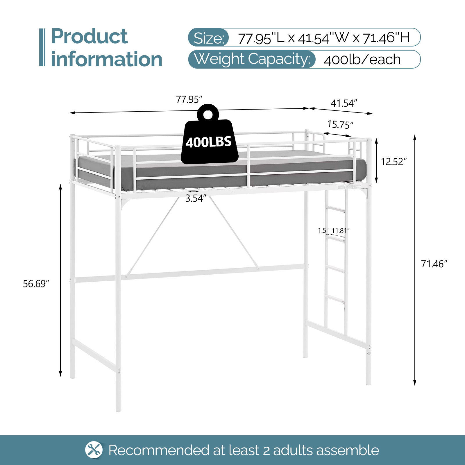 Loft Bed Twin Size with Flat Ladder Rung for Kids Teens Adults Heavy Duty Metal