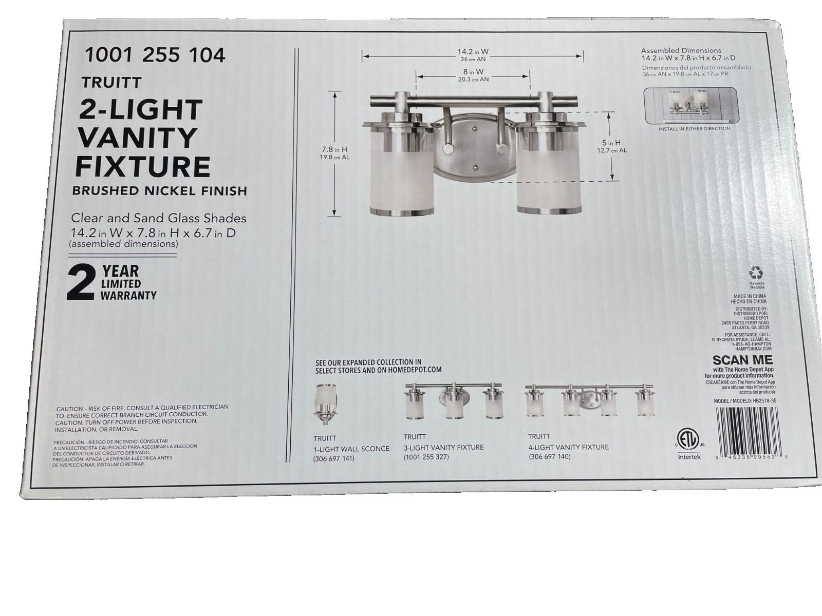 Hampton Bay Truitt 14.2 in. Brushed Nickel 2-Vanity Light with Edge Glass Shades