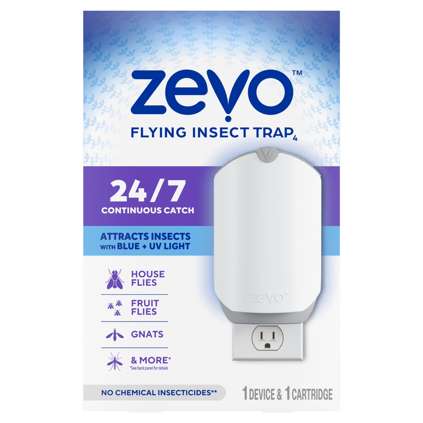 Zevo Flying Insect Trap Starter Kit 1 Plug-In Base + 3 Refill Cartridges