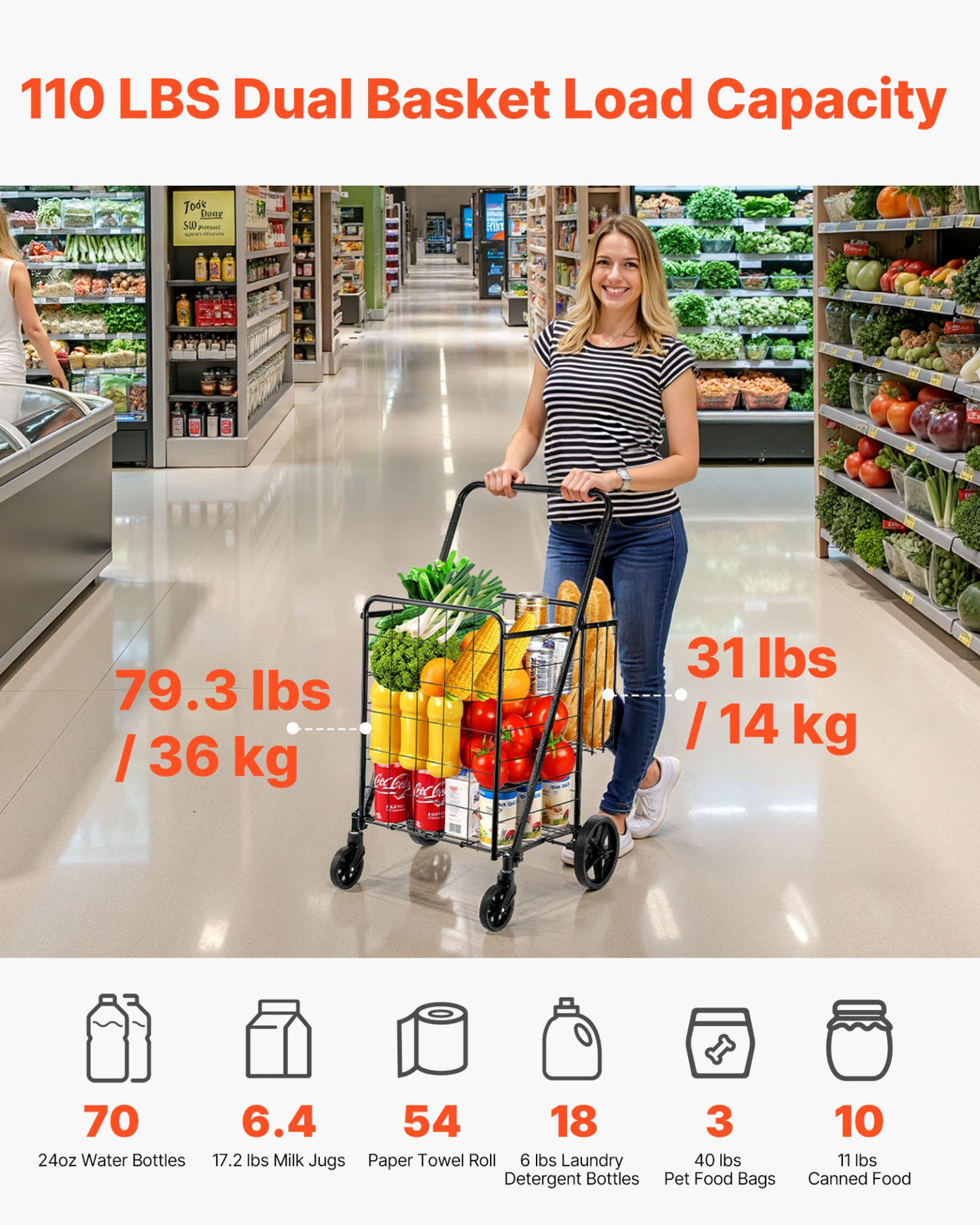 VEVOR Folding Shopping Cart, Jumbo Grocery Cart with Double Baskets, 360° Swivel