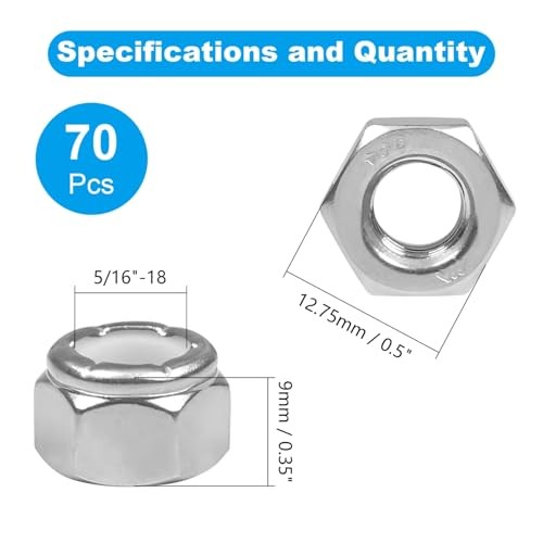70PCS 5/16″-18 Nylon Insert Hex Lock Nuts,304 Stainless Steel 5/16″-18;70 PCS