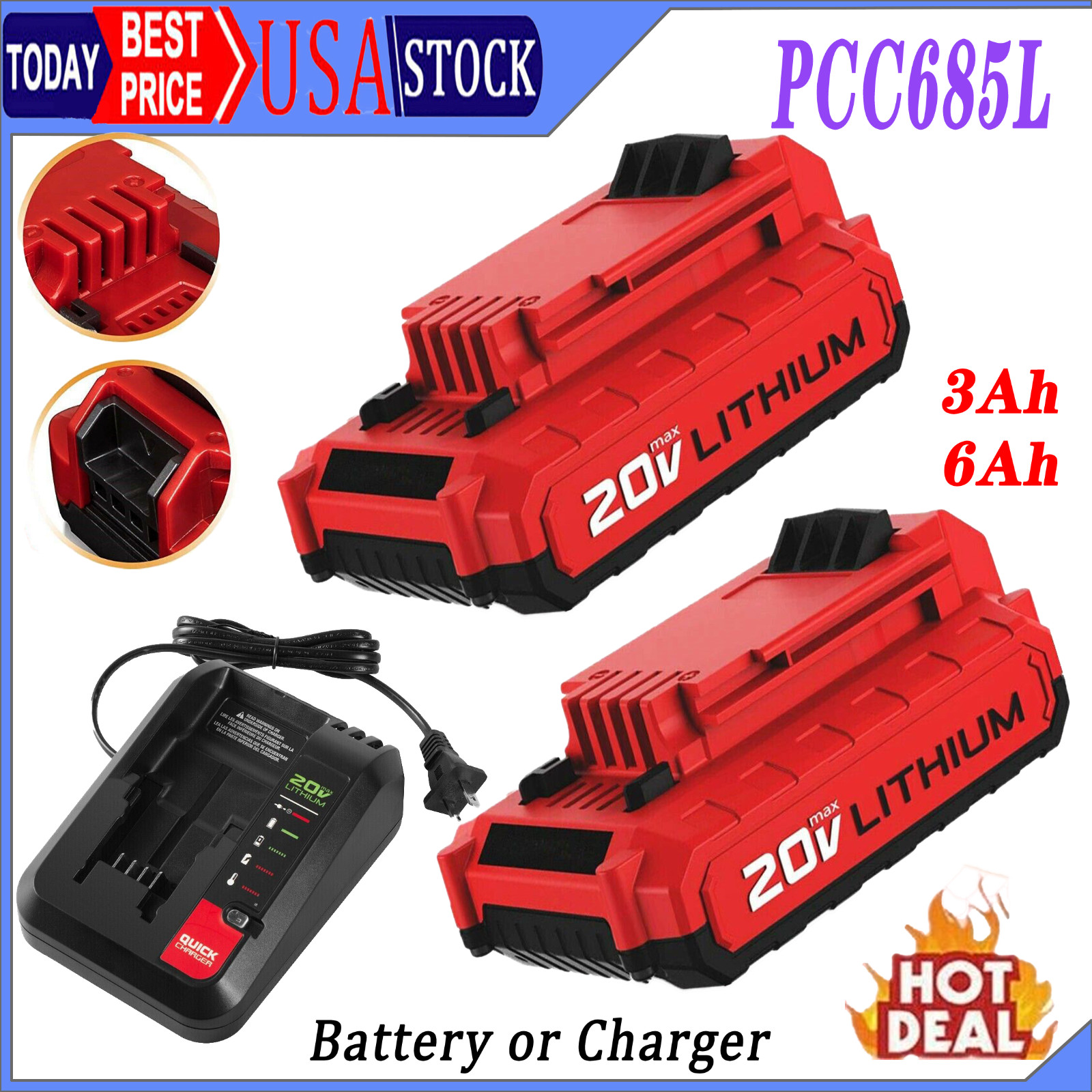 2PCS 8.0Ah For Porter Cable Battery 20V MAX Lithium Ion PCC680L PCC685L /Charger