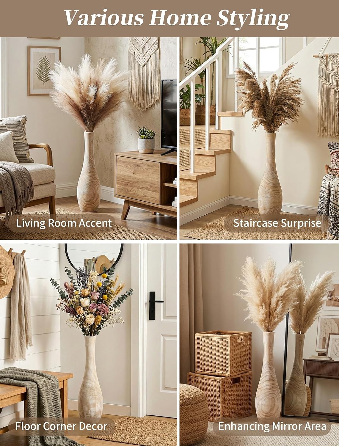 22 Inch Slender Beige Wood Tall Floor Decor Vase