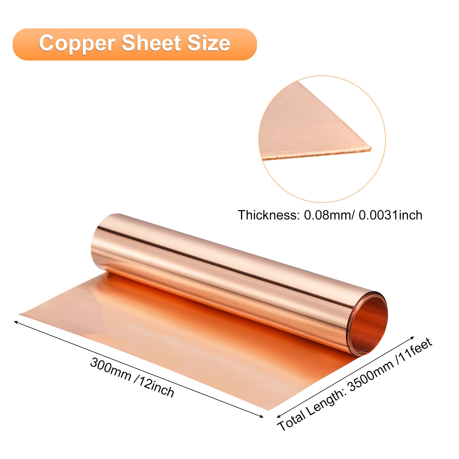 Copper Sheet Roll Pure Copper Flashing Strip Metal Foil Plate 3500x300x0.08mm