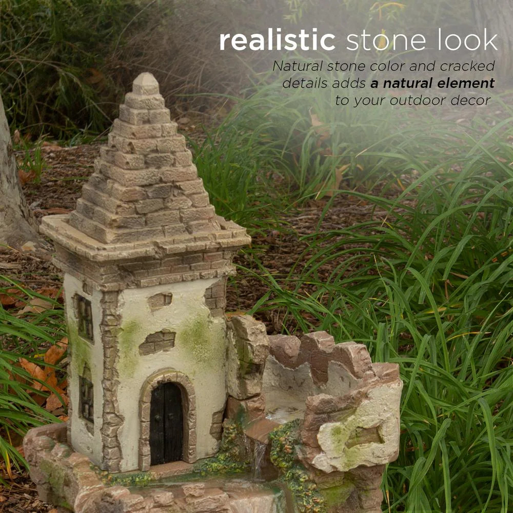 35 in. Tall Outdoor Fairy Castle Waterwheel Tiered Fountain Yard Art Decoration