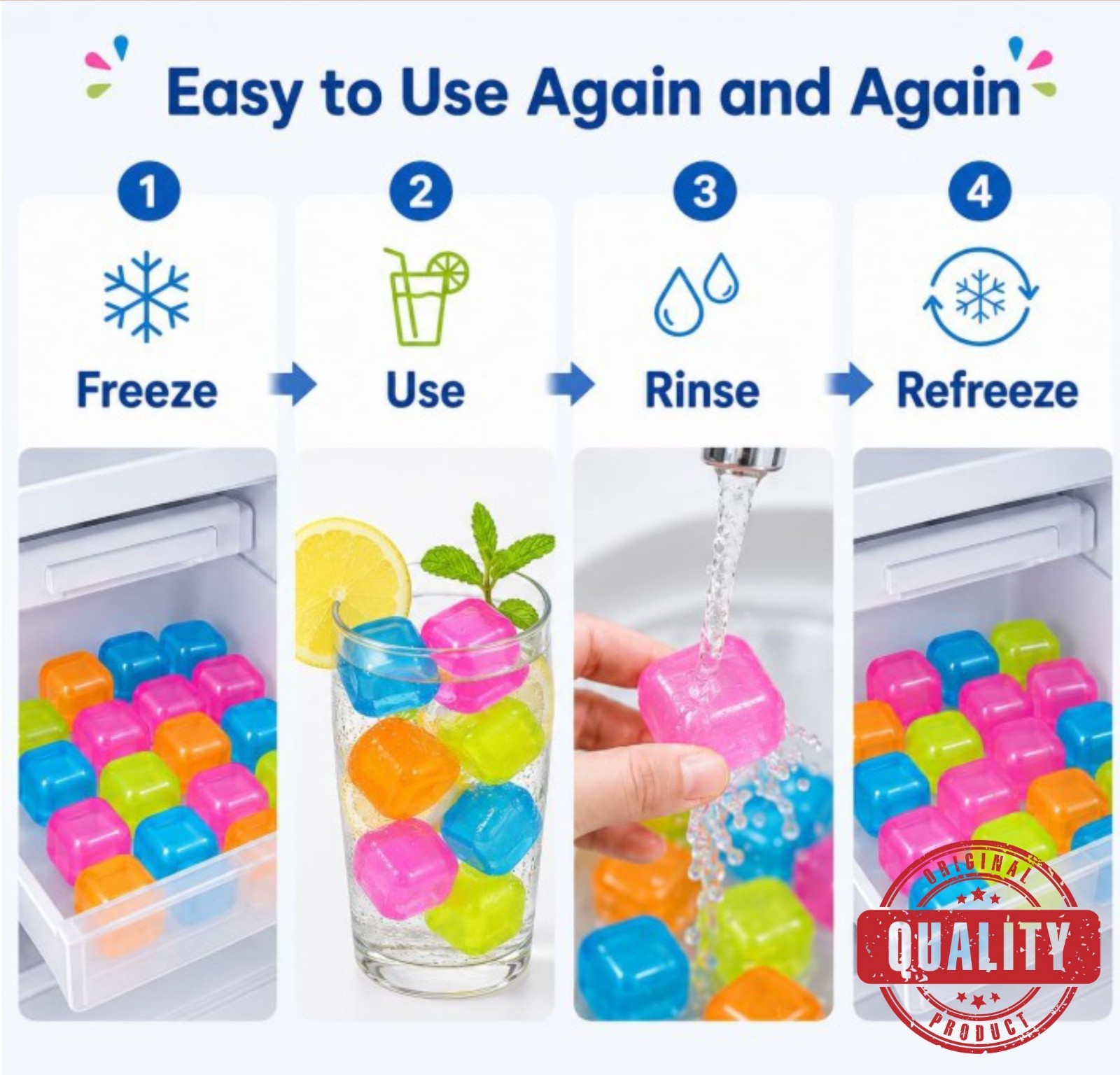 54 Pack Reusable Ice Cubes BPA Free Multi Color Drink Chillers No Dilution