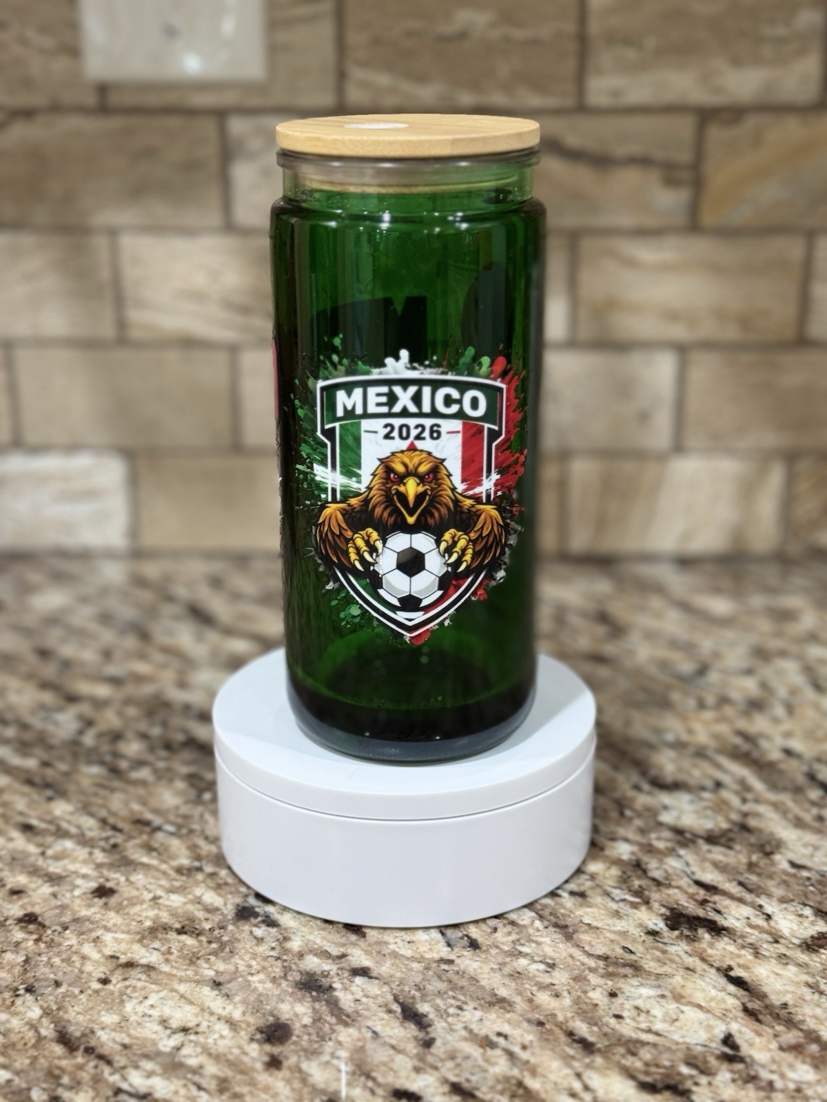 Green Glass Cup Tumbler w/ Wooden Lid, Mexico Soccer Decor, Eagle, Round