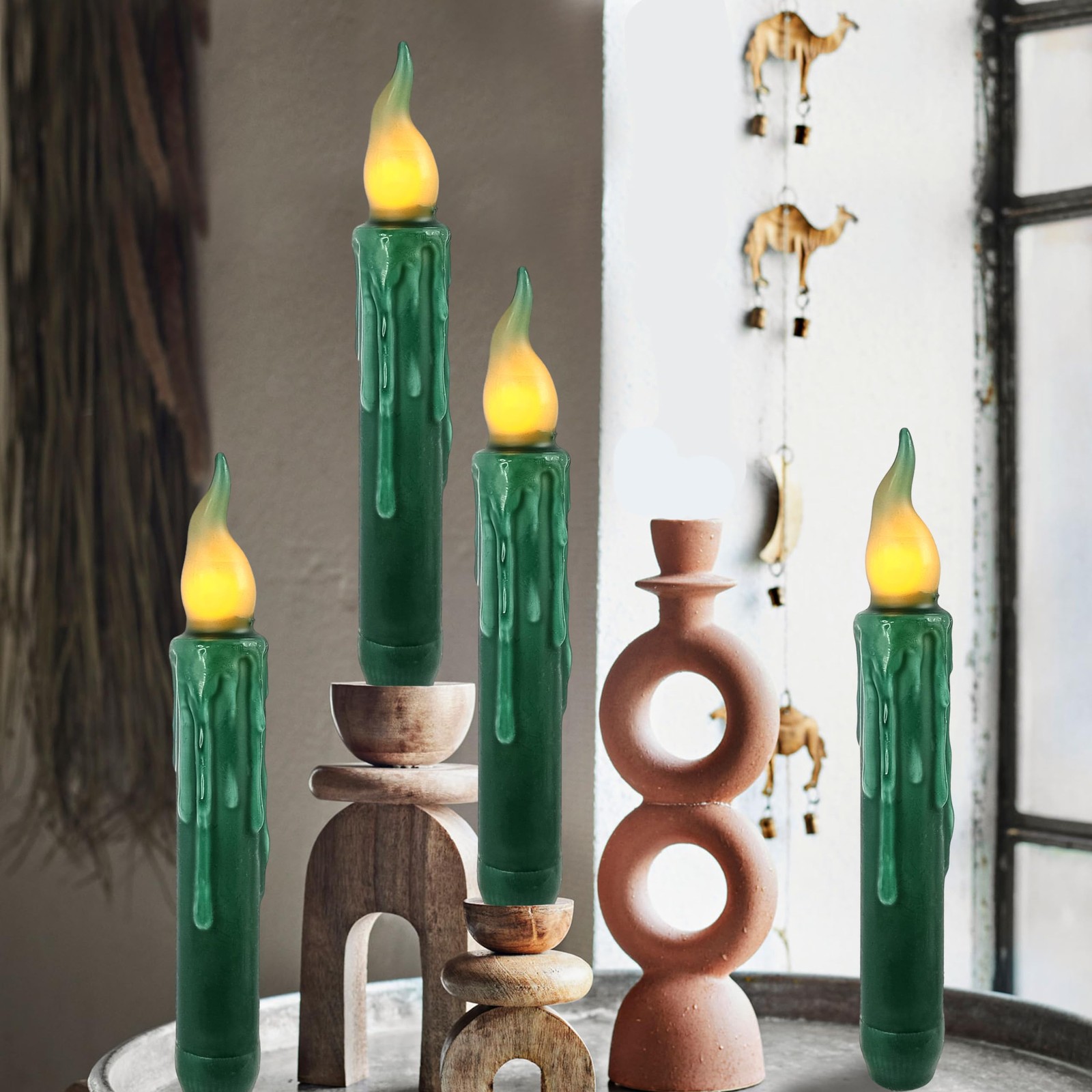 4 PCS 6.7 In Dark Green Flameless Short Taper Candles Real Wax Remote LED Light