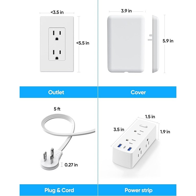 Flat Plug Power Strip 6 AC Outlets 3 USB Space Saver Overload Protection