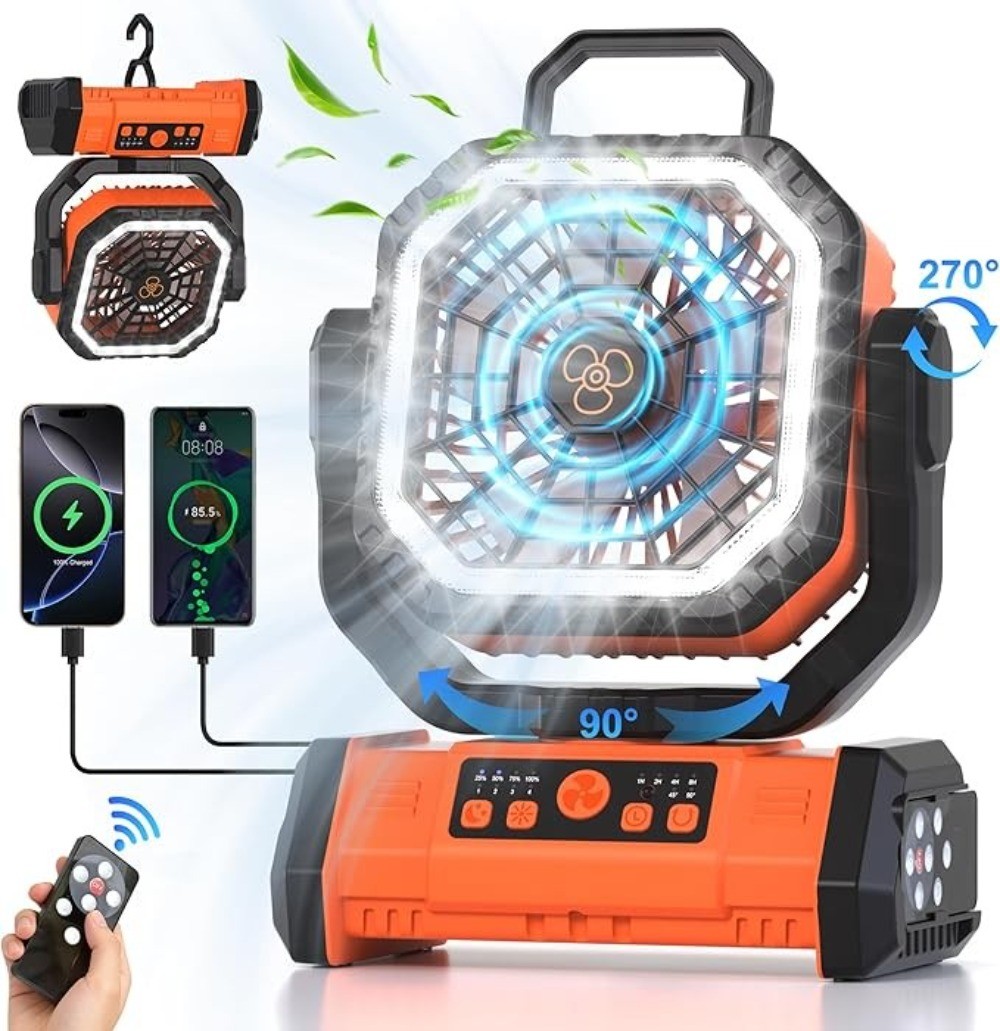 20000mAh Camping Fan Rechargeable Portable Fan with Remote LED Lights & 4 Speeds