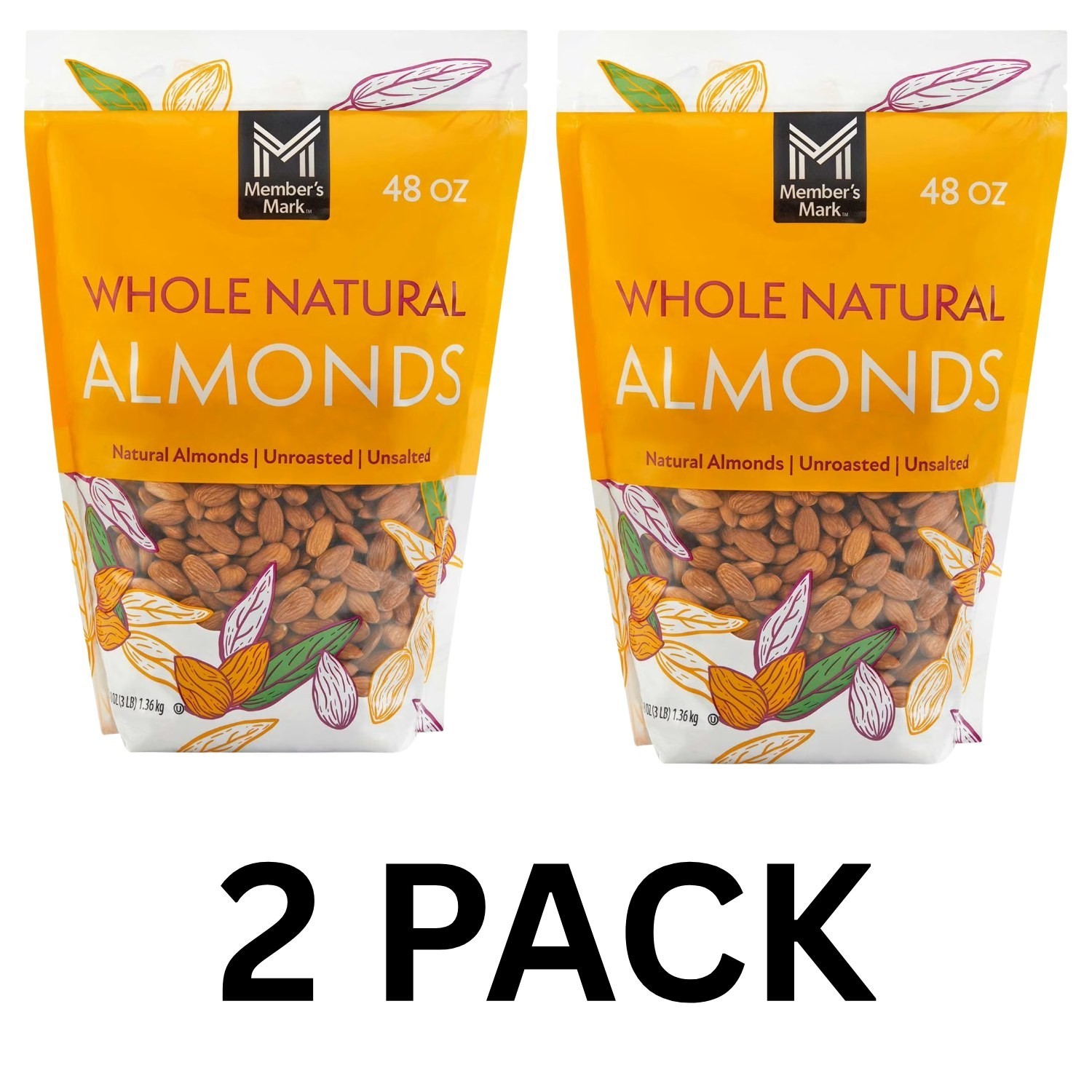 2 PACK-Member’s Mark Whole Natural Almonds (3 lbs each)Total 6 lbs Free Shipping