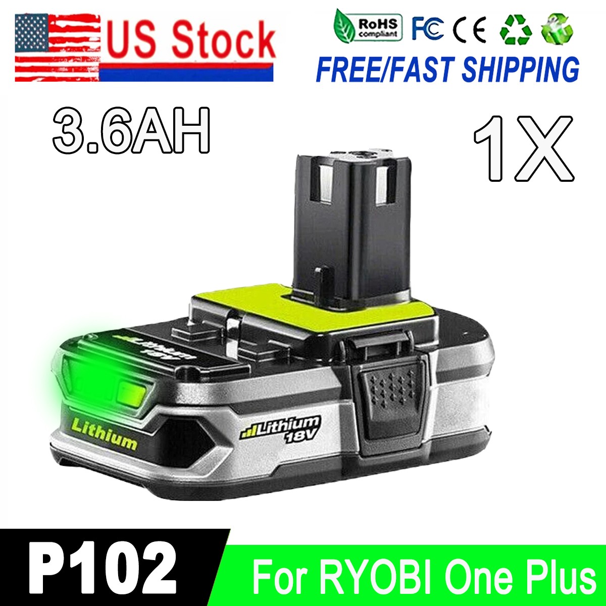 1X 3.6Ah Lithium Battery For RYOBI P108 18V For One Plus High Capacity P107 NEW