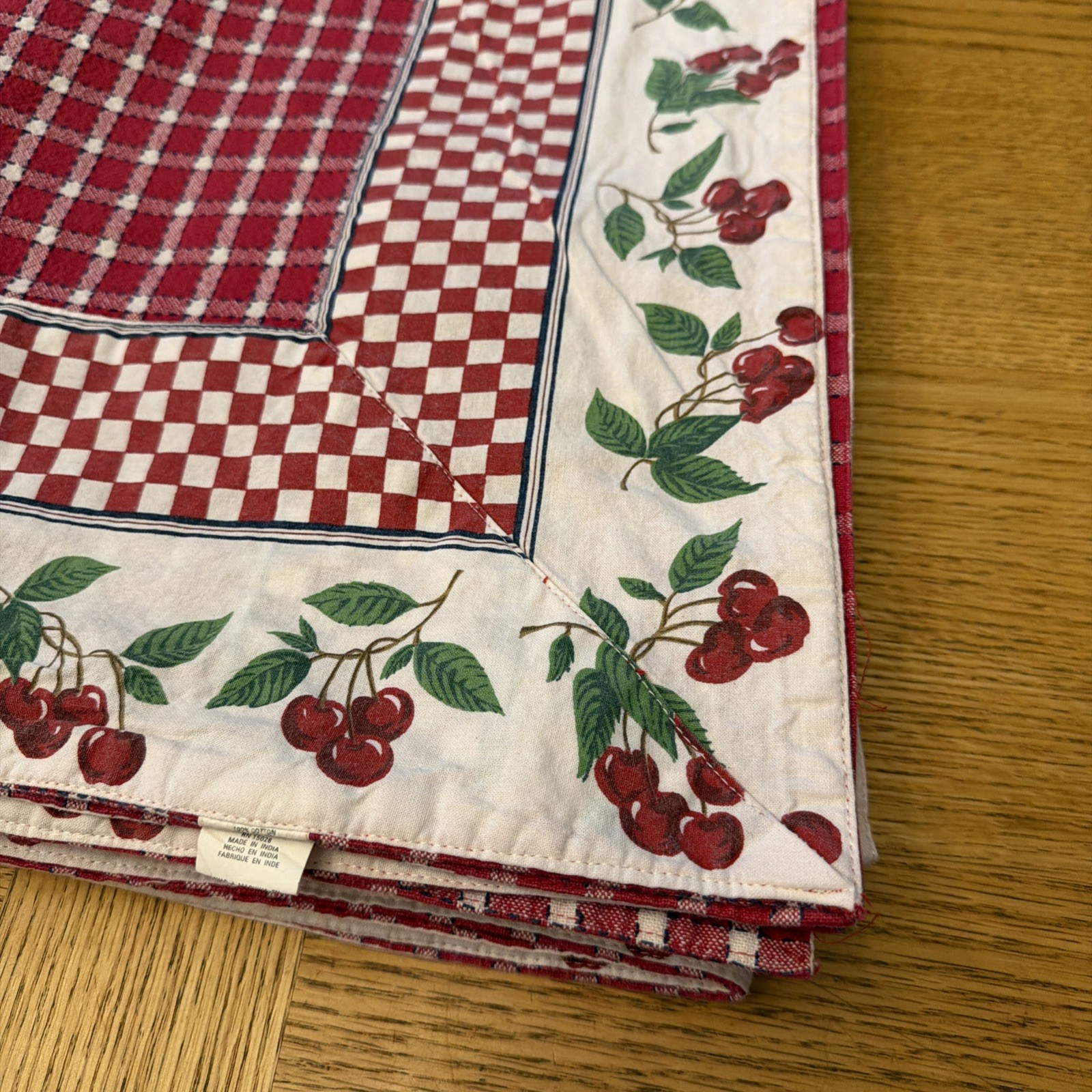 Red And White Check Cotton Tablecloth With Wide White & Cherry Border 52”x78”