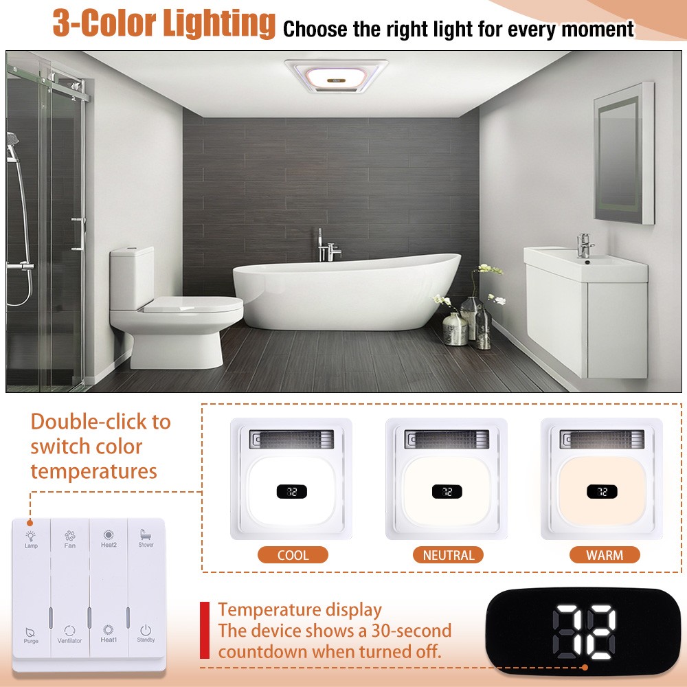 4-in-1 Bathroom Exhaust Fan with Bluetooth Speaker 1800W Dual Heater 180 CFM