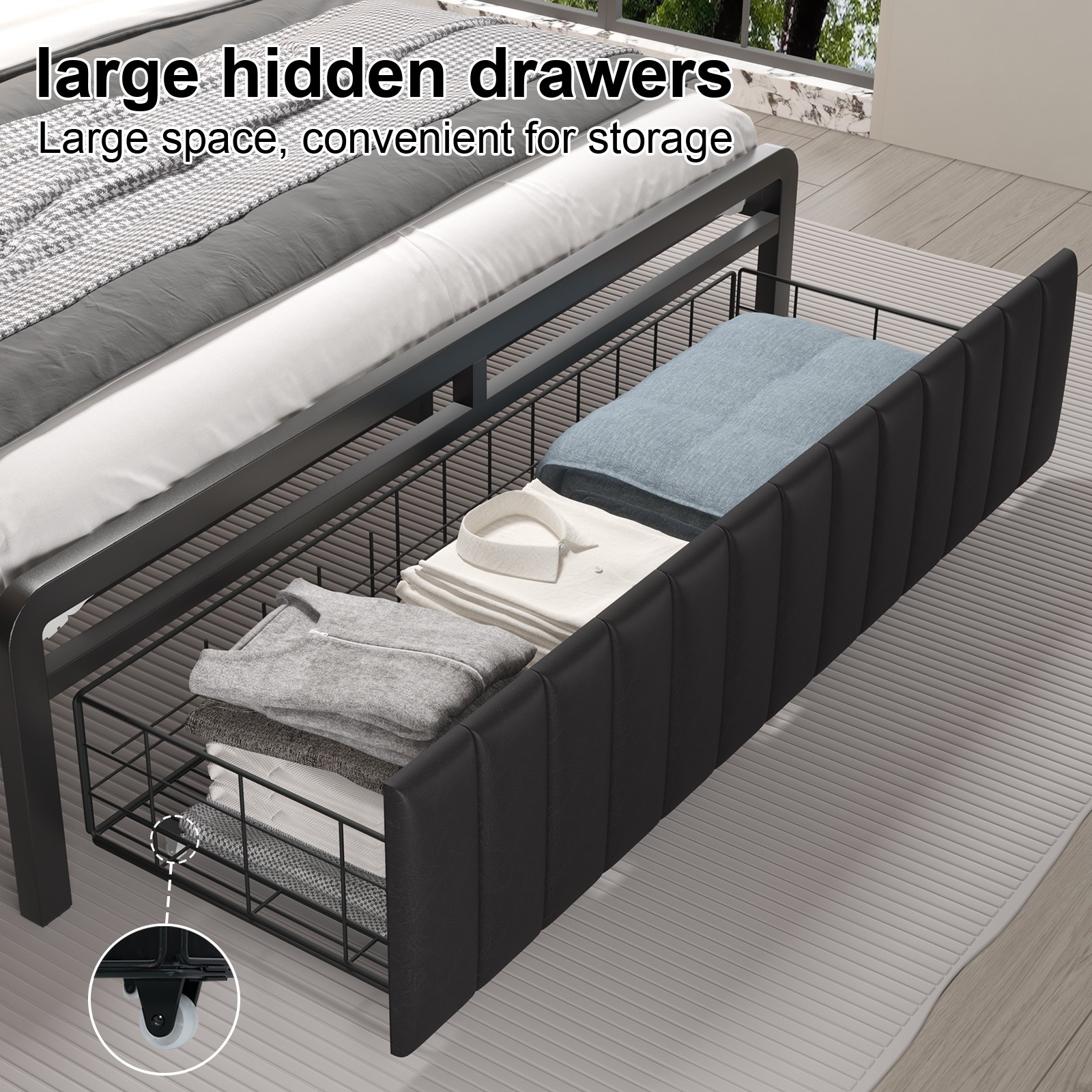 Full Queen LED Bed Frame with Charging Station&Upholstered Storage Headboard